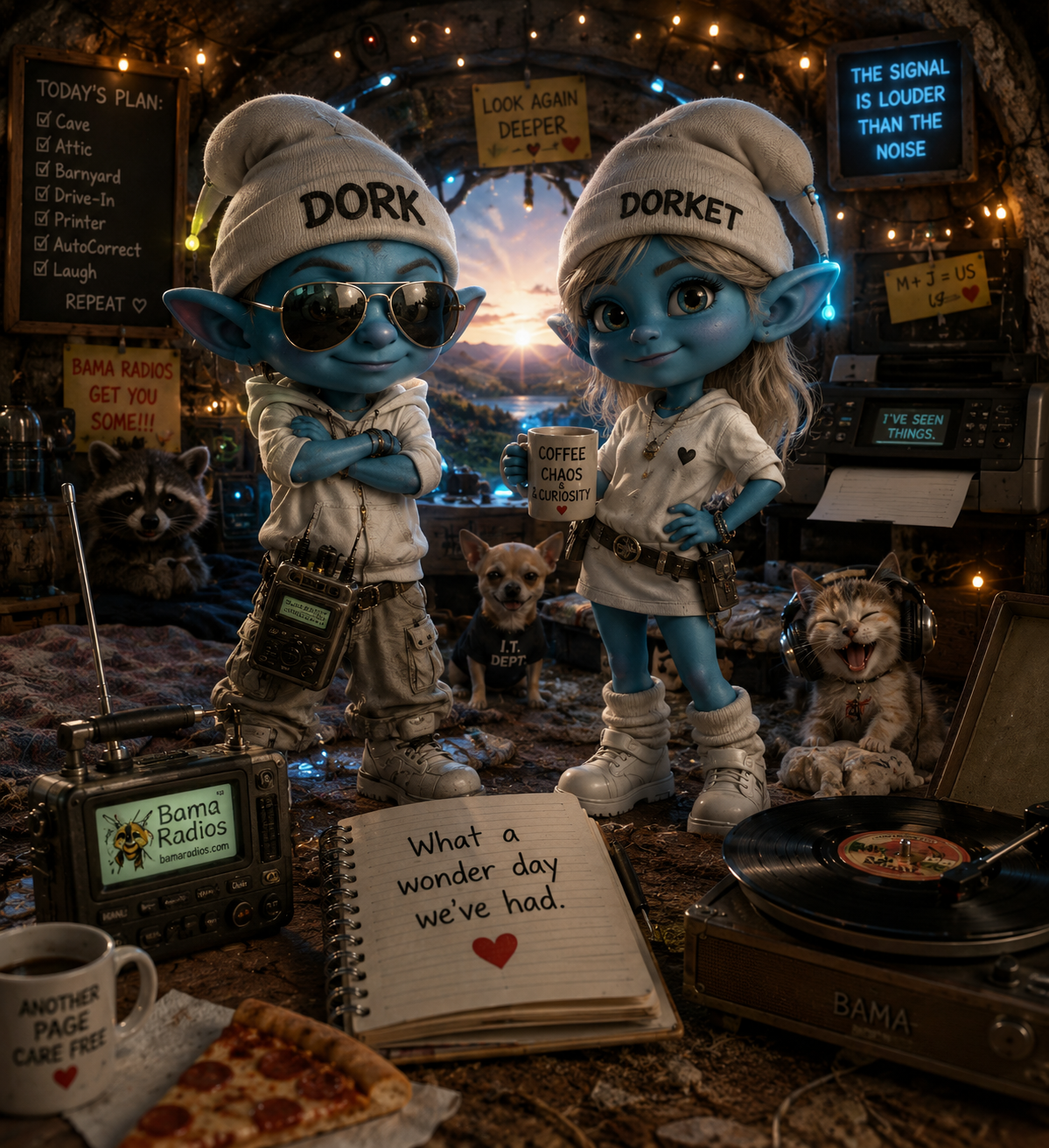 Two blue-skinned, elf-like characters with large ears and beanies standing in a cozy, decorated room with animals, including a raccoon, a dog, and a cat, surrounded by music equipment, signs, and string lights, with a sunset visible through the window.