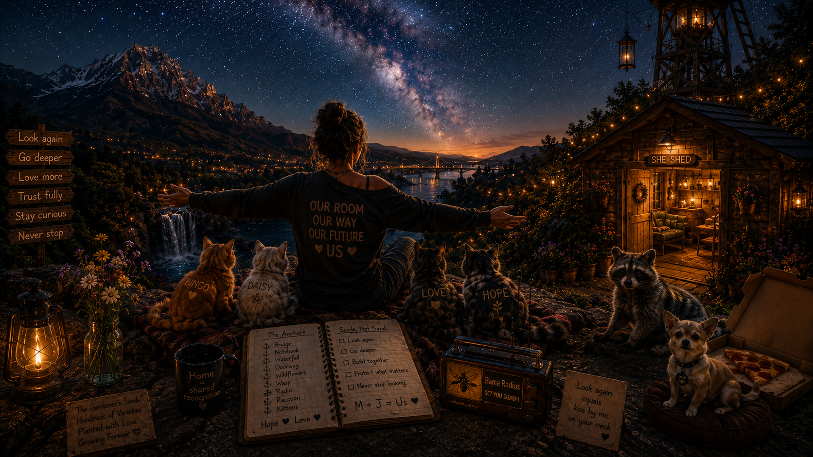 A woman sitting with arms outstretched at dusk, overlooking a mountain landscape with a starry sky and the Milky Way. She is surrounded by five decorated cats, some with words like 'BINGO,' 'DAISY,' 'LOVE,' 'HOPE,' and a dog. Nearby, there is a small wooden shed labeled 'SHE-SHED' with string lights, candles, and plants. Additional items include a lantern, a coffee mug, an open notebook with written notes, a radio, and signs with handwritten messages. The scene evokes a cozy, whimsical outdoor retreat.
