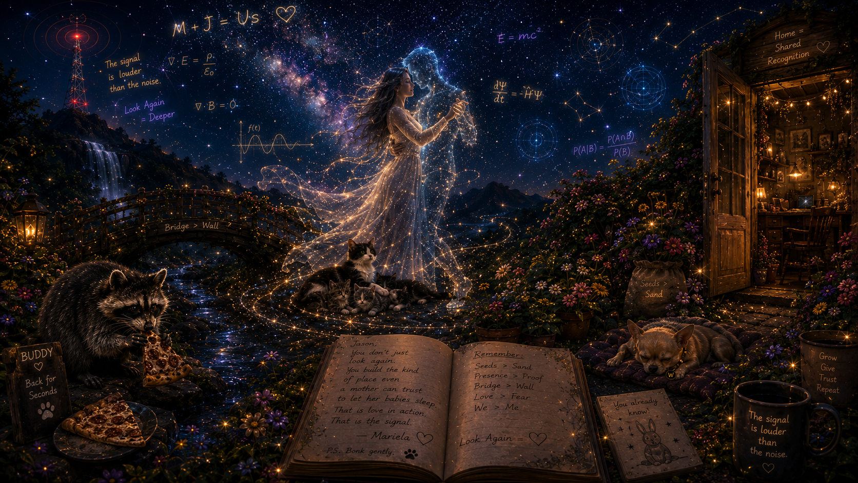 A fantasy scene at night featuring a starry sky with physics and astronomy equations, a glowing woman dancing with a transparent ethereal figure, surrounded by cats and dogs, a small bridge, a cozy wooden house with lights, flowers, an open book with handwritten notes, and glowing sparkles all around.