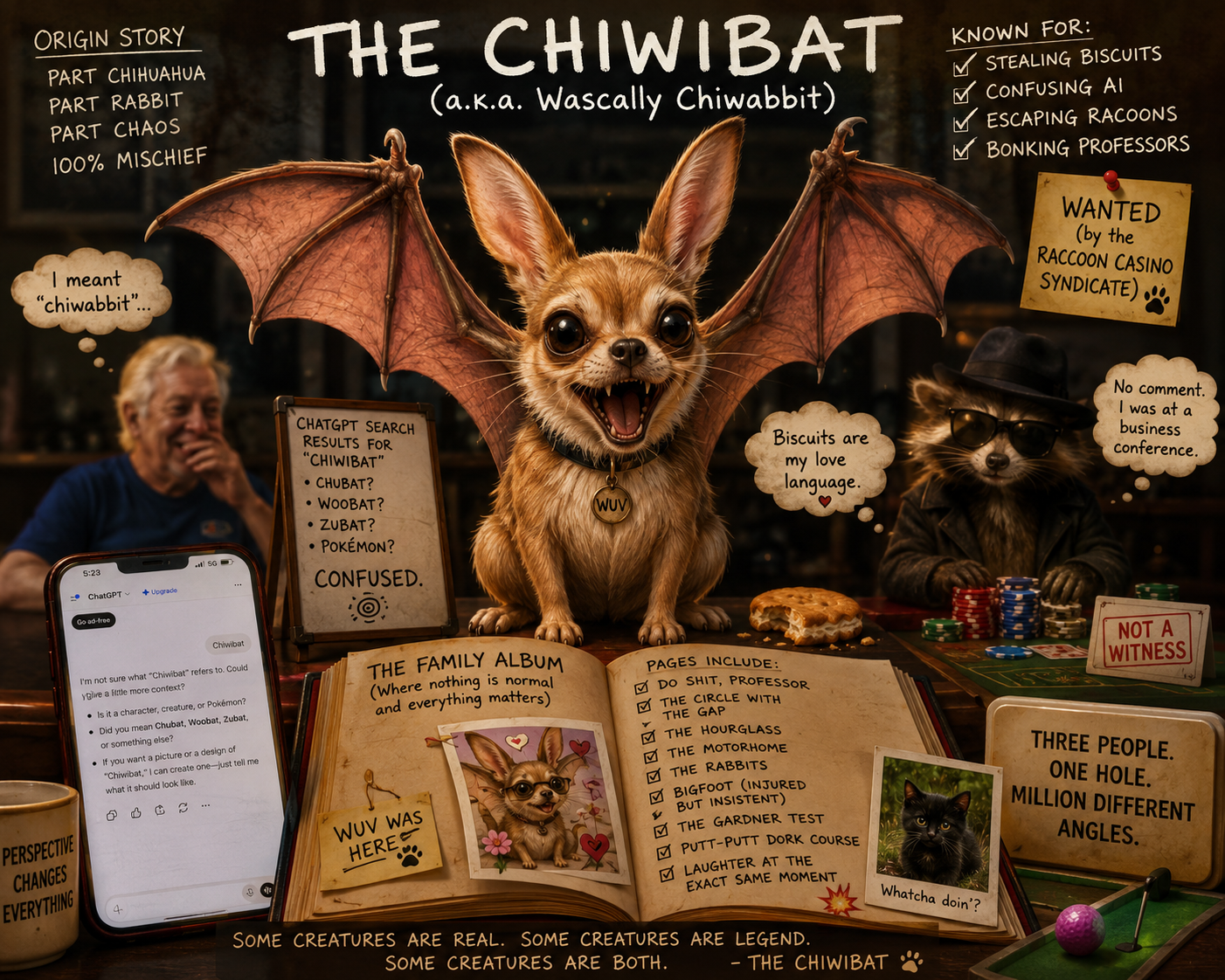 A humorous display featuring a small dog with wings, labeled as 'The Chiwibat' or 'Wascally Chiwabbit,' with various objects and notes about its origin, behavior, and traits. The display includes a person in the background and another animal dressed in sunglasses and a hat, along with signs, a phone, an open scrapbook, and fake game pieces.
