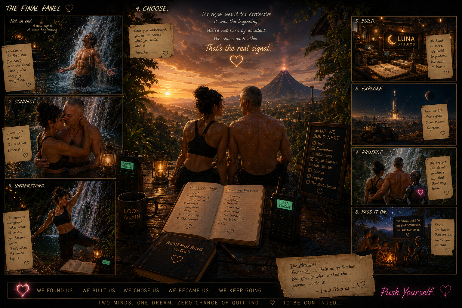 A collage of scenes illustrating a metaphorical journey of love and connection. It features a woman standing under a waterfall, a couple embracing in water, two people sitting on a wooden platform watching a sunset with a volcano and cityscape in the background, and scenes of construction, exploration, and protection of a universe. The images are accompanied by inspirational notes and checklists about building trust, understanding, preserving love, and exploring new worlds, all set against a twilight sky with stars and planets.