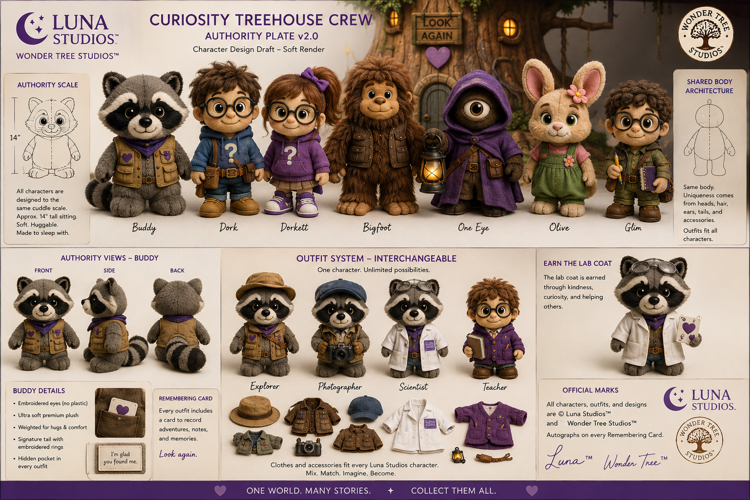 Display of plush characters named Buddy, Dork, Dorkett, Bigfoot, One Eye, Olive, and Glim from Luna Studios Wonder Tree Studios called Curiosity Treehouse Crew. The top shows the characters in a fantasy scene with a treehouse in the background. The bottom left features close-up views of Buddy from different angles with details about his plush design. The bottom middle illustrates interchangeable outfits for a Luna Studios character, including explorer, photographer, scientist, and teacher types, with accessories. The bottom right explains that lab coats are earned through kindness and curiosity. The image is colorful, with plush characters, clothing, and accessory sets displayed.