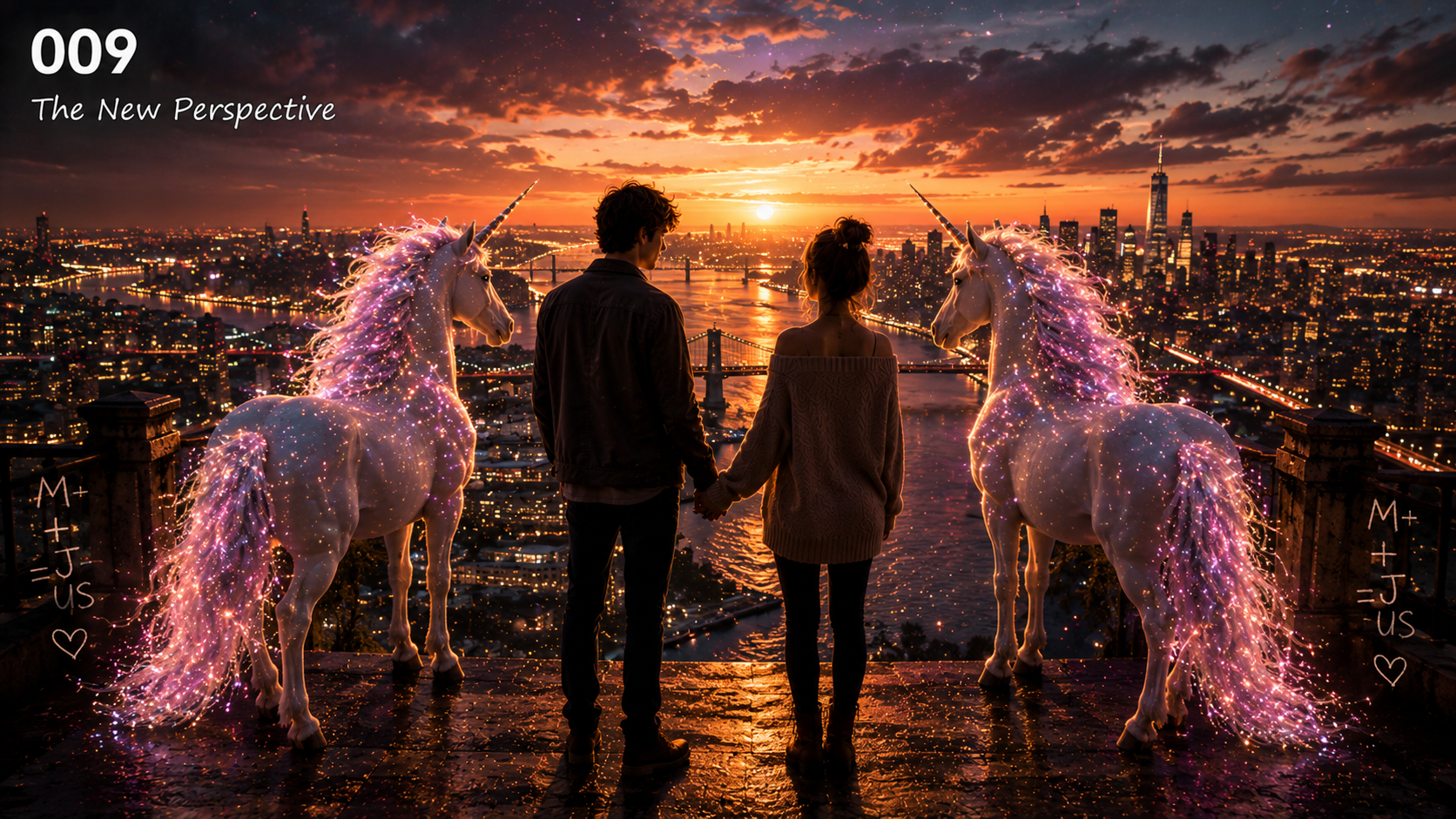 A couple holding hands on a rooftop at sunset, accompanied by two glowing unicorns, overlooking a city skyline and river with bridges.