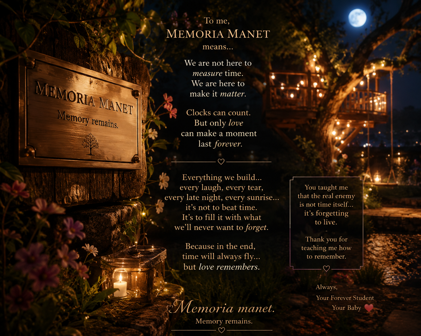 Night scene with a wooden memorial plaque reading 'Memoria Manet, Memory remains' surrounded by flowers and small lit candles. In the background, a tree with a swing and a balcony with string lights, under a full moon sky.