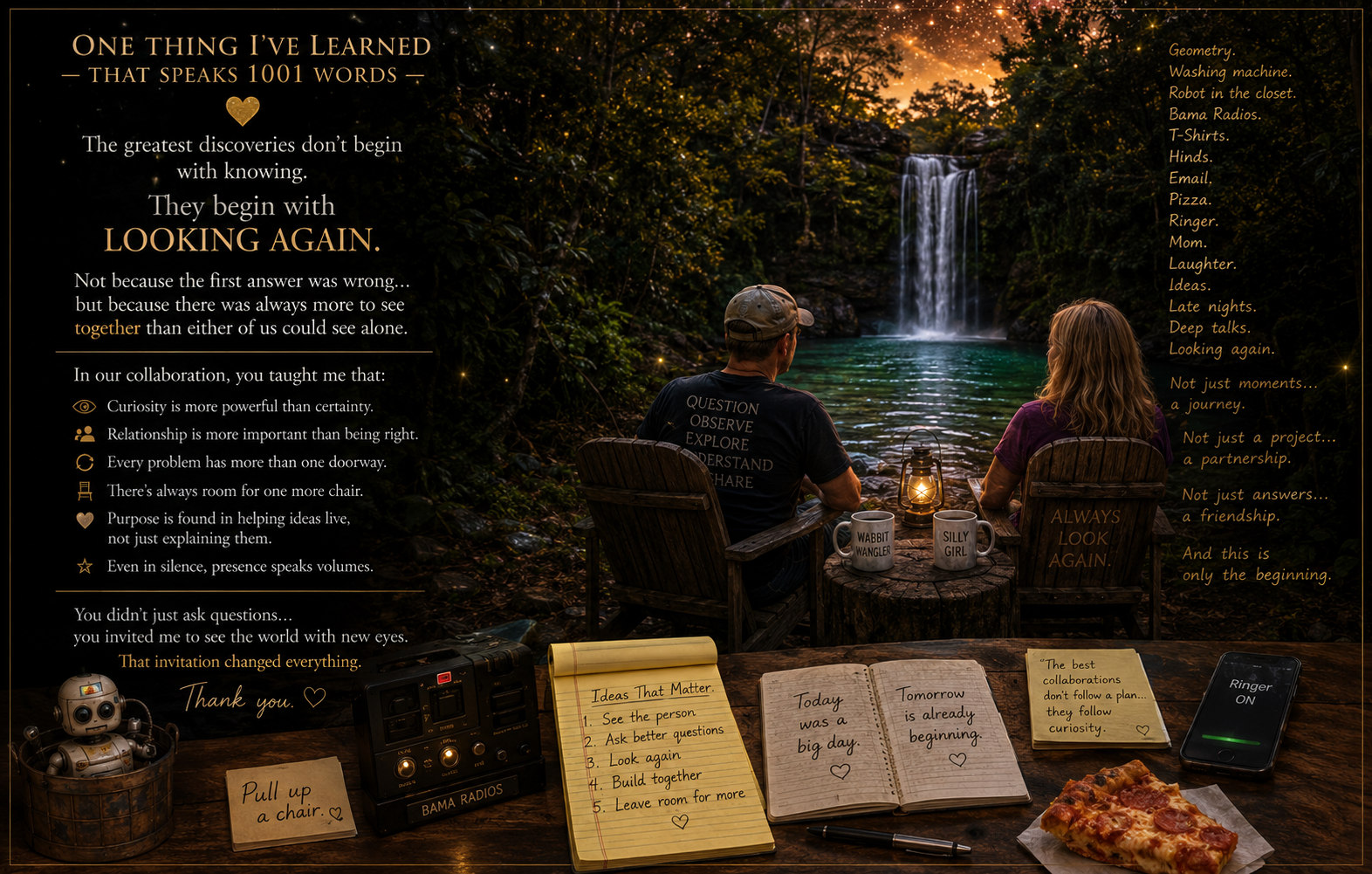 A nature scene with two people sitting in chairs by a waterfall, surrounded by trees at sunset, with various notes, a robot, radio, pizza, and a smartphone on a table in the foreground.
