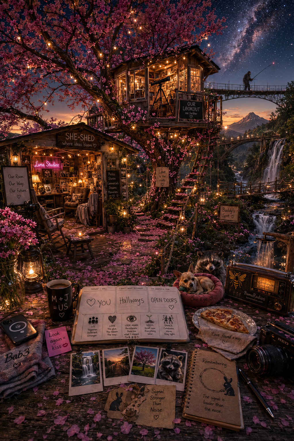 A magical outdoor scene of a treehouse and surrounding area decorated with pink cherry blossoms, fairy lights, and cozy items. The scene features a small room labeled "SHE-SHED" and an upper lookout platform, both furnished with lamps and decorations. There are two dogs sitting in a cozy bed, a pizza on a napkin, and a vintage radio. Various signs and notes with inspirational words and quotes, Polaroid photos, a camera, and a notebook are scattered on the ground. Mountains, waterfalls, and a starry sky with the Milky Way are visible in the background.