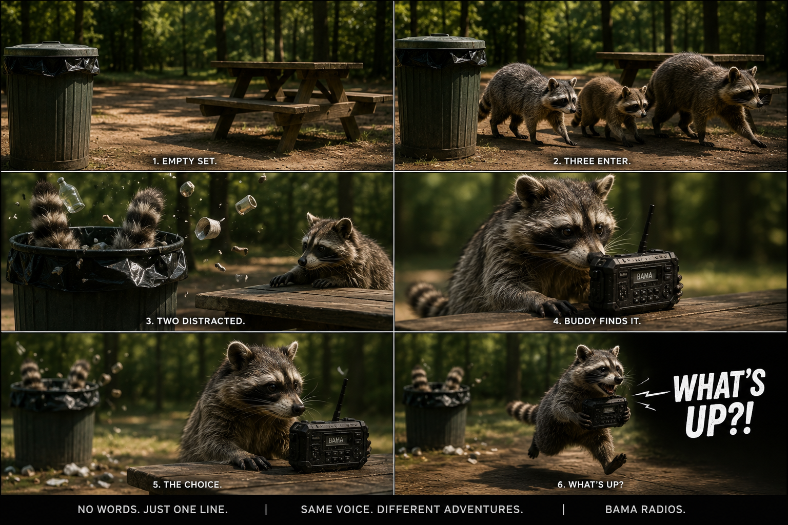 A comic-style collage featuring raccoons. The first panel shows an empty trash set at a picnic area. The second panel depicts three raccoons approaching the trash. The third panel shows one raccoon distracted by flying cans and food scraps. The fourth panel features a raccoon finding a radio. The fifth panel shows the raccoon with the radio as the choice, and the sixth panel has the raccoon excitedly holding the radio with speech bubble saying 'What's up?!' The final captions read: 'No words. Just one line. Same voice. Different adventures. BAMA Radios.'