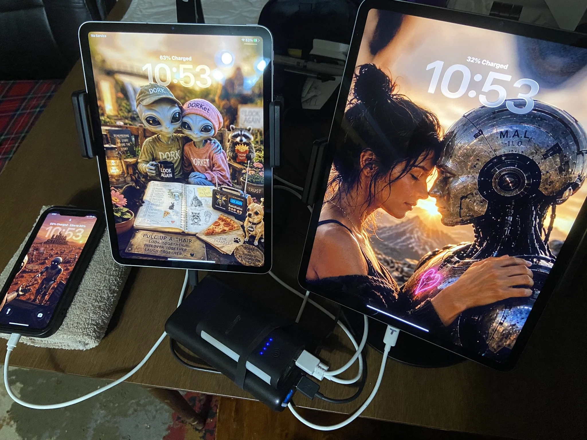 Multiple electronic devices on a table, including a tablet, smartphone, and monitor, displaying various images and information, with charging cables connected.