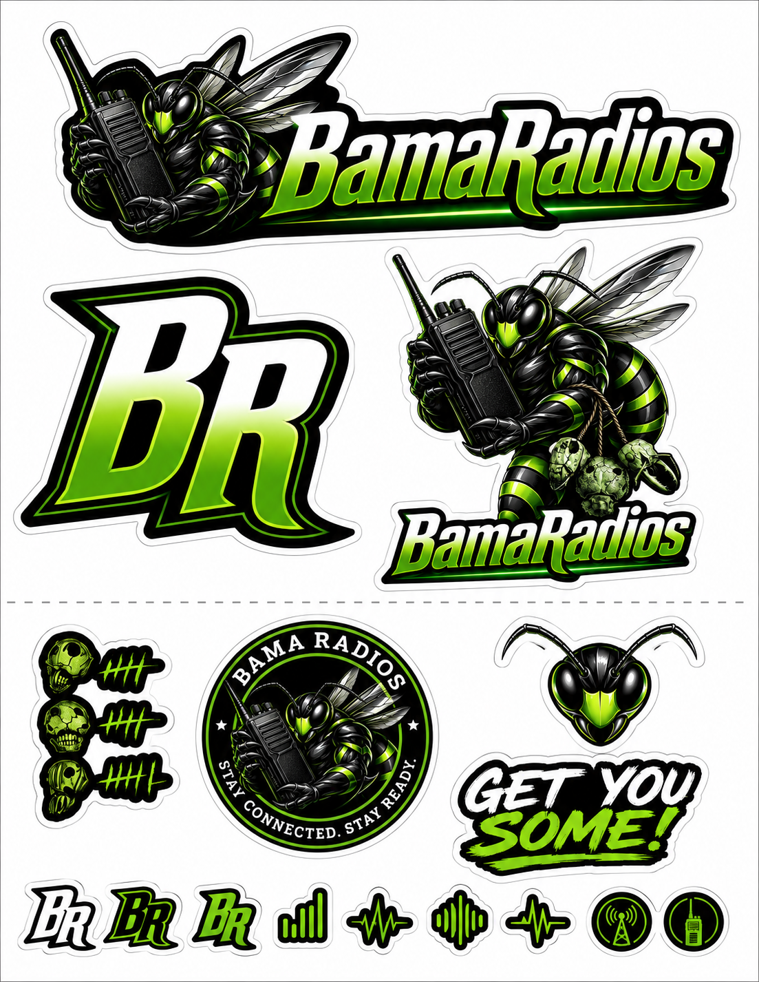 Collection of stickers featuring a wasp with a radio, skulls, sound wave icons, and the words 'BamaRadios,' 'BR,' and 'Get You Some' in green and black colors.