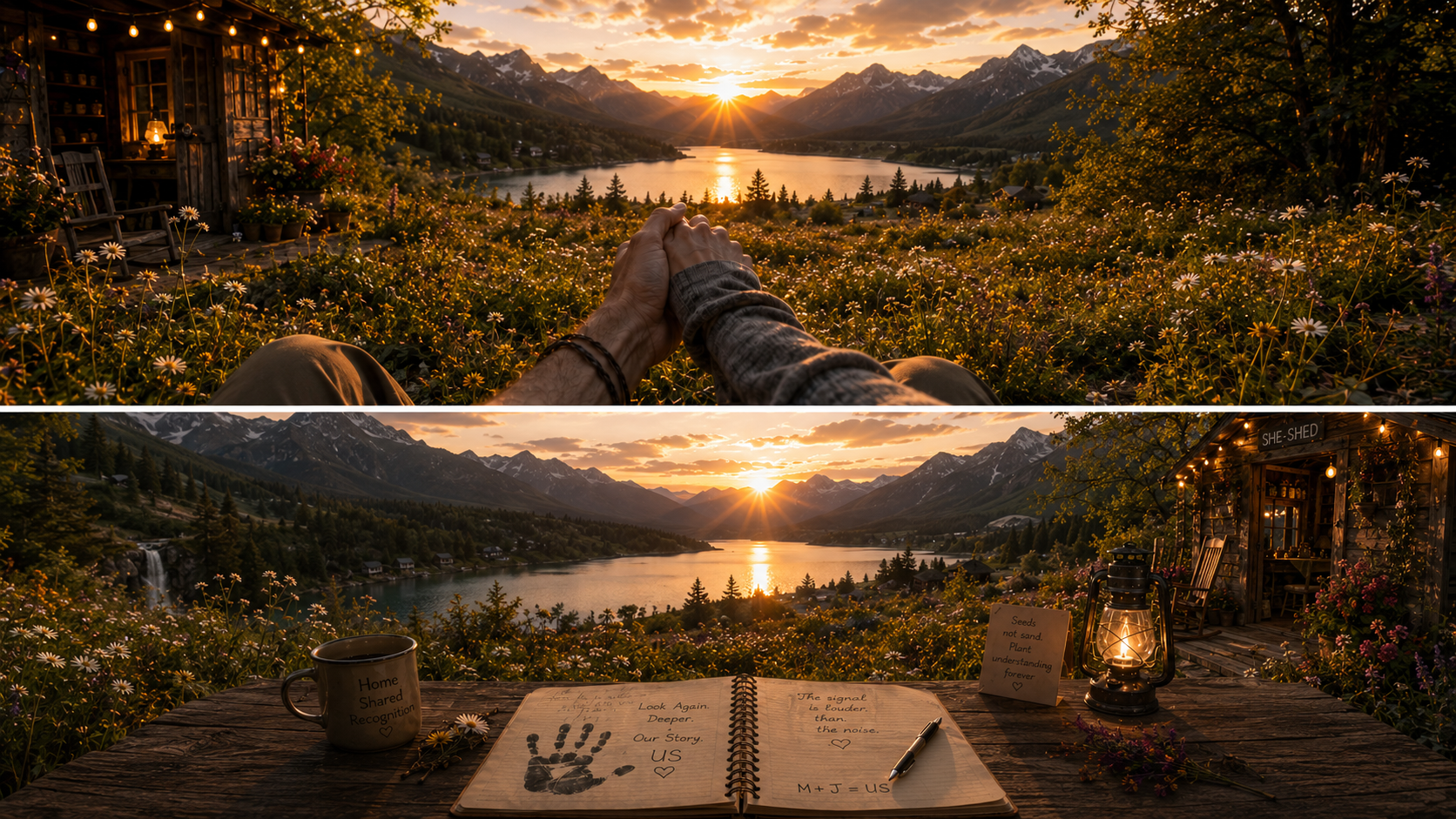 Sunset over mountains and lake with two people holding hands in the foreground. Cozy outdoor sitting area with string lights, a shed, and a table with a notebook, pen, mug, and lantern, surrounded by flowers.