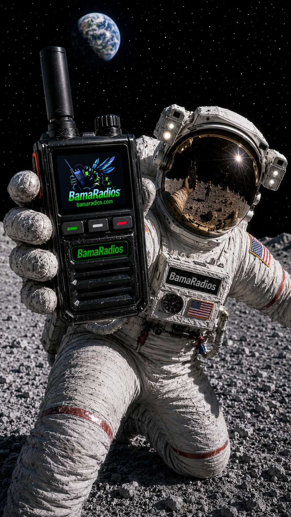 An astronaut kneeling on the moon's surface holding a radio device with a display reading 'BamaRadios.' Earth is visible in space, and the astronaut's helmet reflects the lunar landscape and another astronaut taking a photo.
