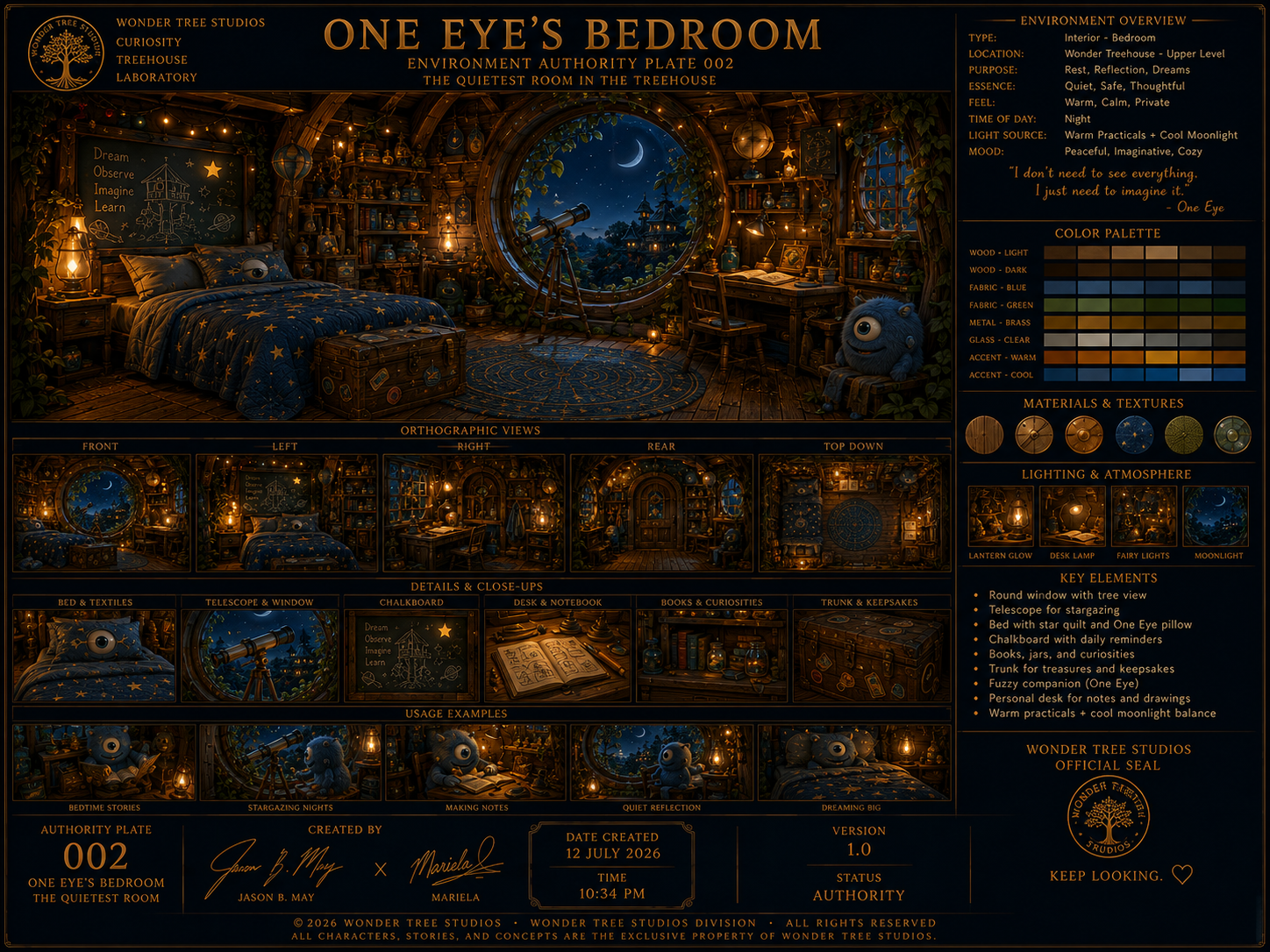Illustration of a cozy bedroom scene with a round window view of a night sky, telescope, bed with star-themed quilt and pillow, books, and a plush creature, decorated with warm fairy lights and wooden furniture.