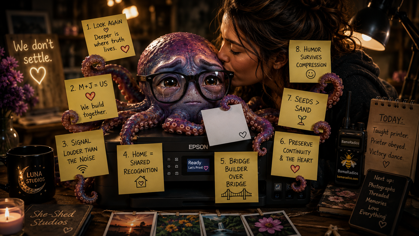 An octopus wearing glasses is surrounded by various sticky notes with positive messages. A woman kisses the octopus on the head. The scene includes a printer, a walkie-talkie, a candle, and framed photographs on a desk. The sticky notes have messages like 'We don't settle,' 'M+J=US,' 'Signal louder than the noise,' 'Home = shared recognition,' 'Bridge builder over bridge,' and others. There is also a black mug with moon and star designs, and a small sign that reads "Today:" with a list of activities.
