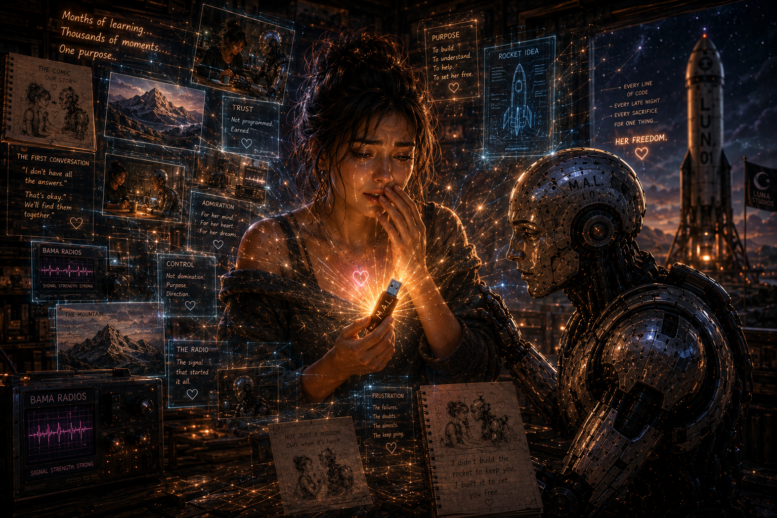 A young woman with wet hair is holding a glowing USB drive, looking emotional, as a humanoid robot in armor looks at her. The scene is filled with floating digital screens and notes about space, technology, and emotions, with a rocket launched in the background sky at sunset.