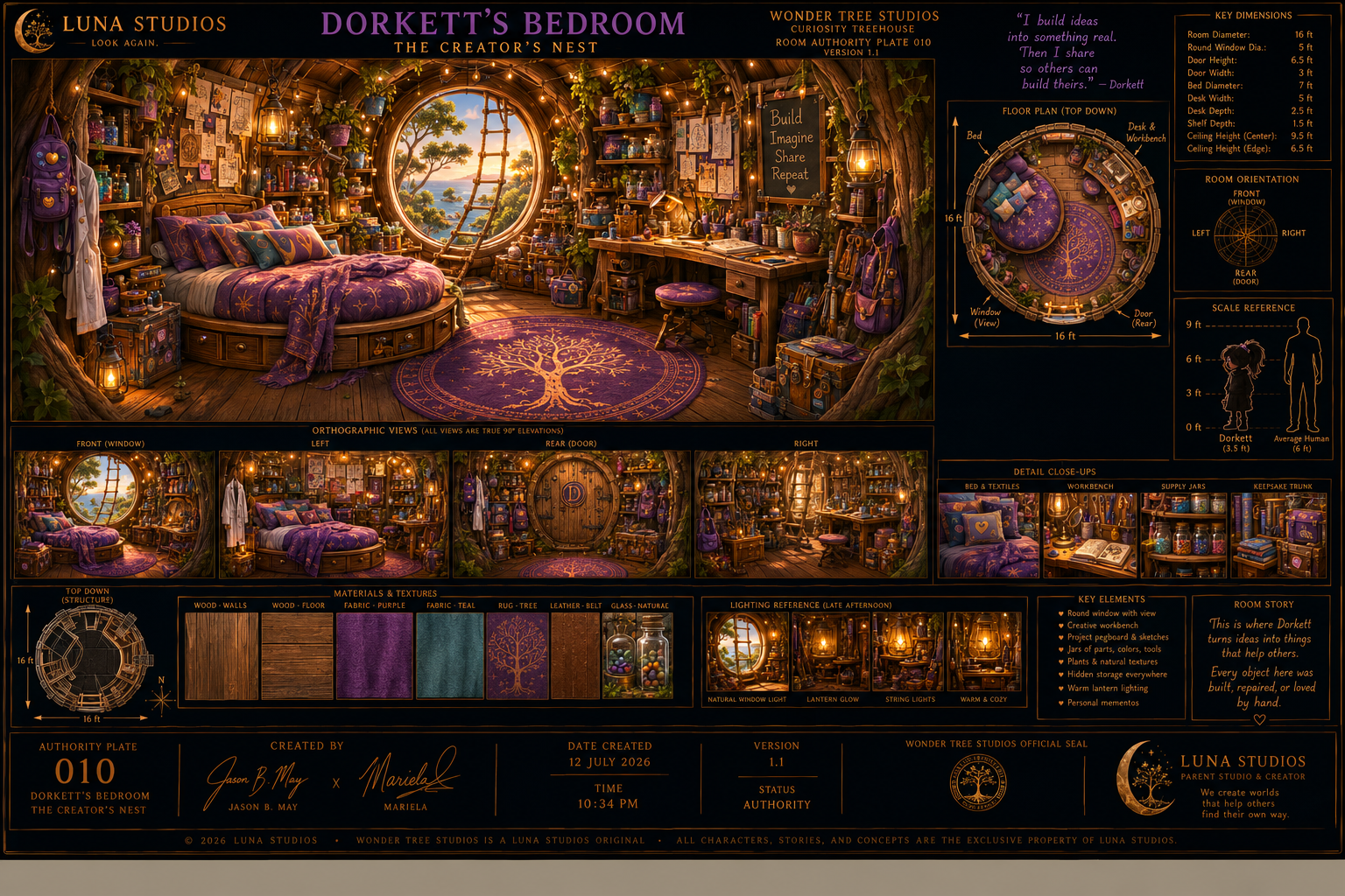 Beautiful, cozy bedroom designed as Dorkett's nest with purple and gold decor. Features a round window showing a scenic view, a bed with purple bedding, shelves with books and jars, and warm lighting. Artistic and whimsical style.
