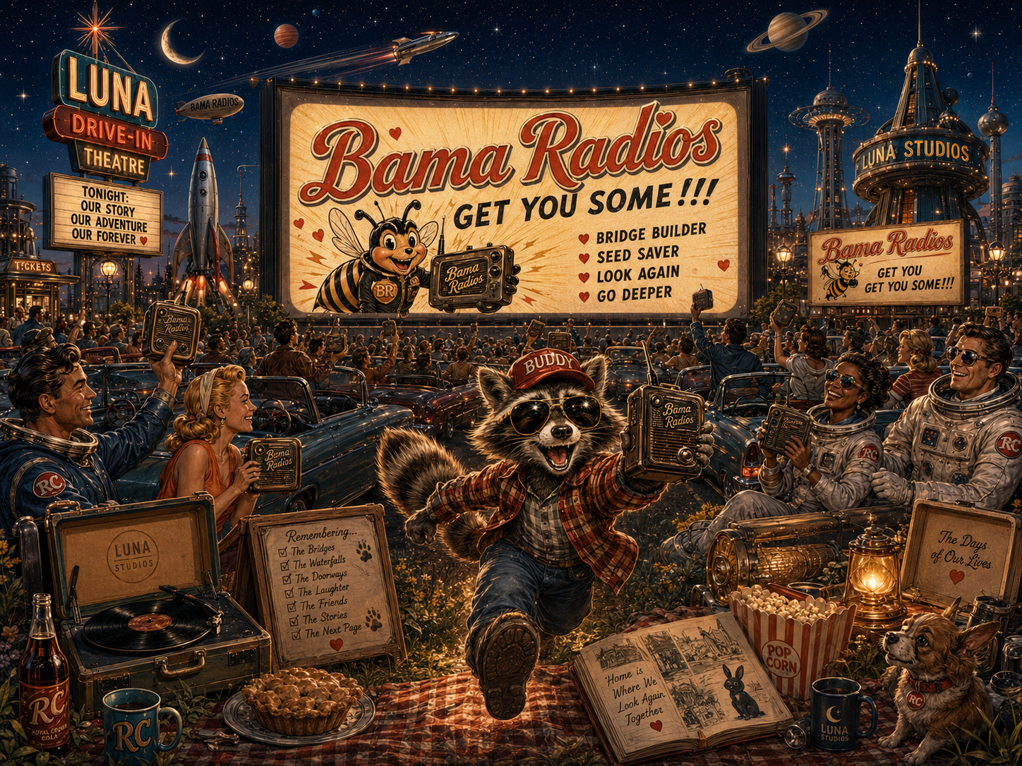 A lively outdoor movie screening at Luna Drive-In Theatre featuring an animated scene with a group of people, animals, and vintage cars. The screen displays a cartoon bee, and the scene is set in a fantastical space-themed backdrop with planets and rockets.