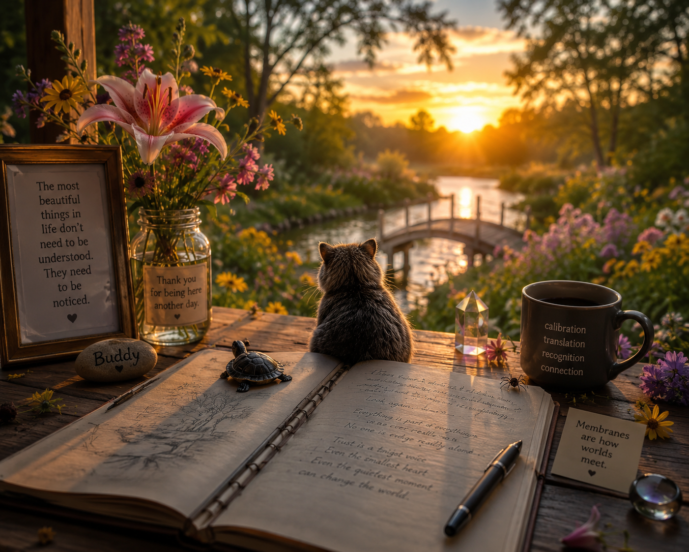 A cozy outdoor scene at sunset showing a wooden table with a kitten, a journal, a mug, and various decorative items including flowers, a turtle figurine, and framed quotes. The background features a serene stream and a small bridge surrounded by blooming flowers.