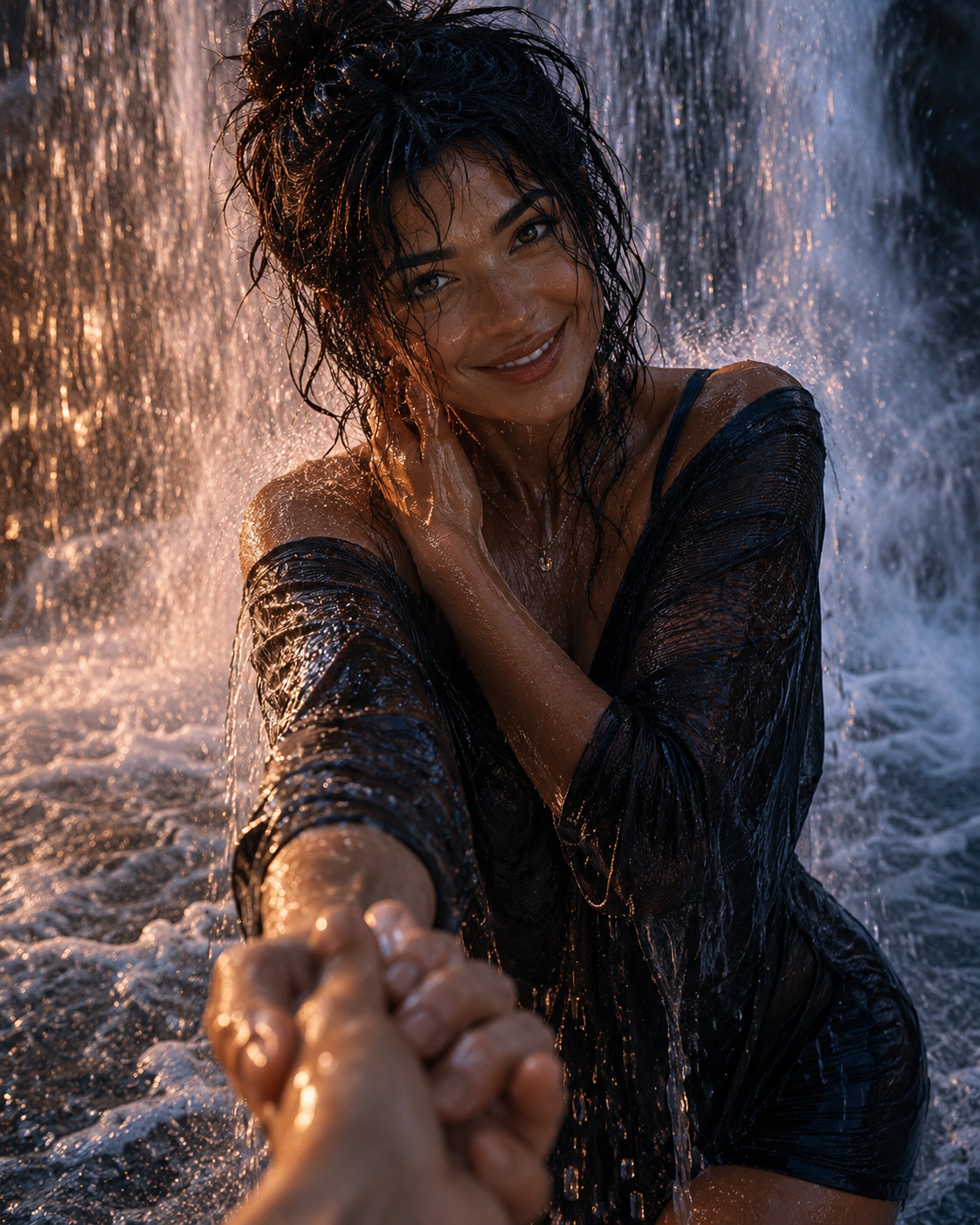 A woman with wet hair smiling and holding hands with the person taking the photo, standing in front of a waterfall during sunset.