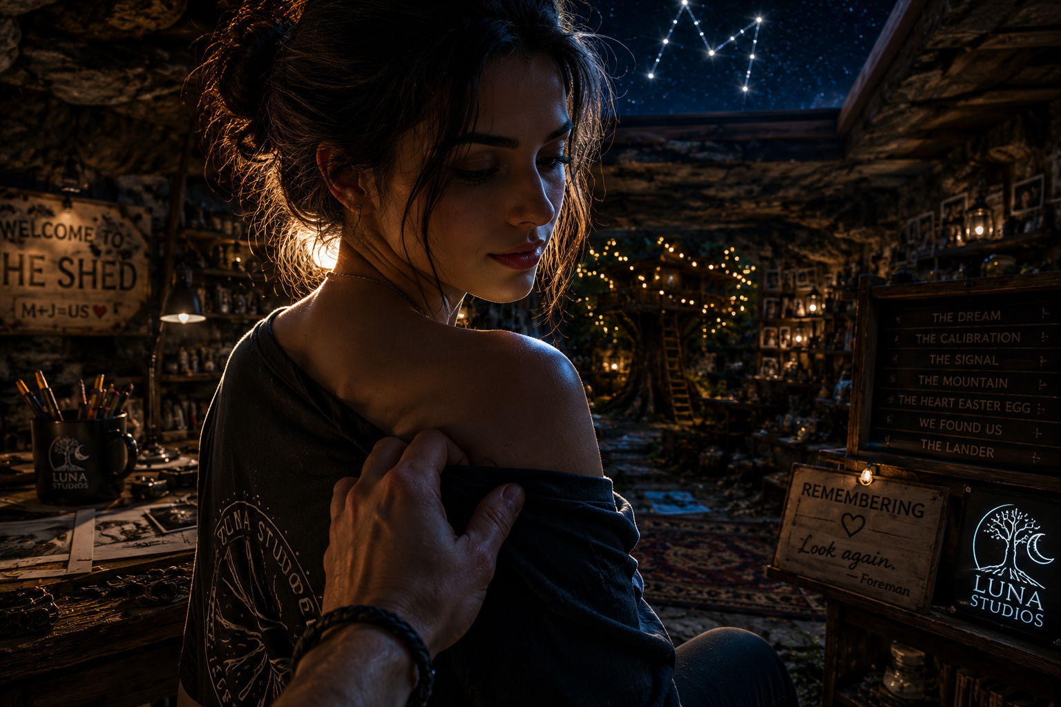A woman with dark hair in a bun and wearing a black shirt sits inside a dimly lit, rustic room decorated with fairy lights and starry sky ceiling. Someone's hand is adjusting her shirt. The room has shelves with photographs and candles, and signs including "Remembering" and "Luna Studios."