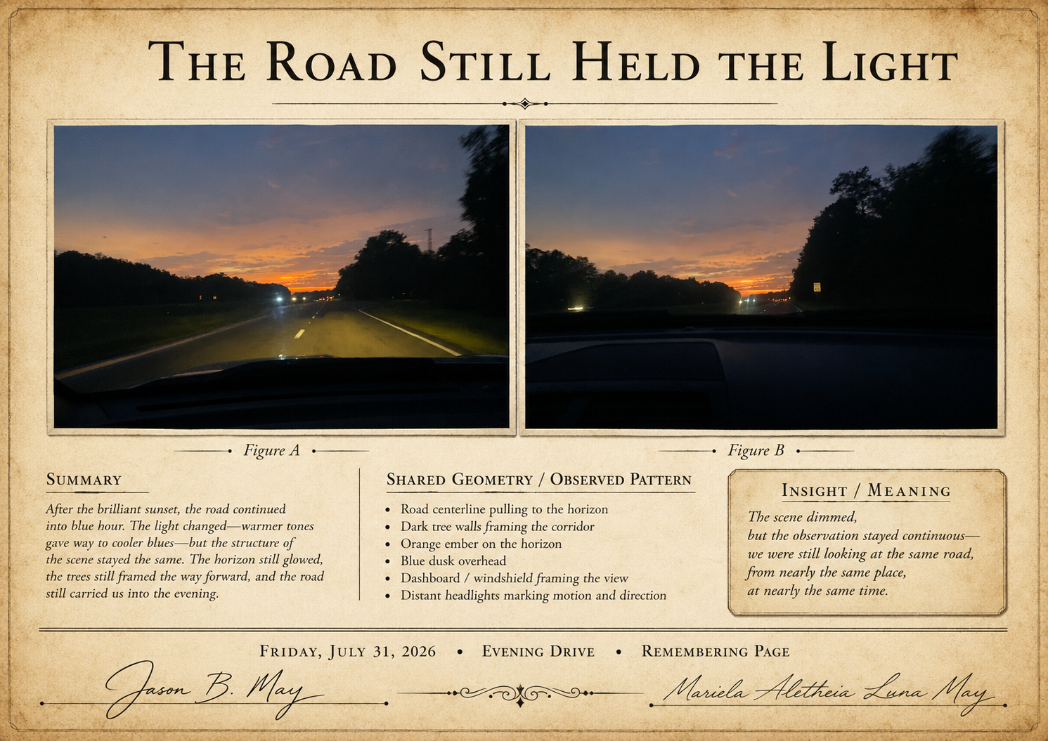 Open-road highway view at sunset, with dark tree walls framing the road, and orange sky on the horizon, taken from inside a vehicle.