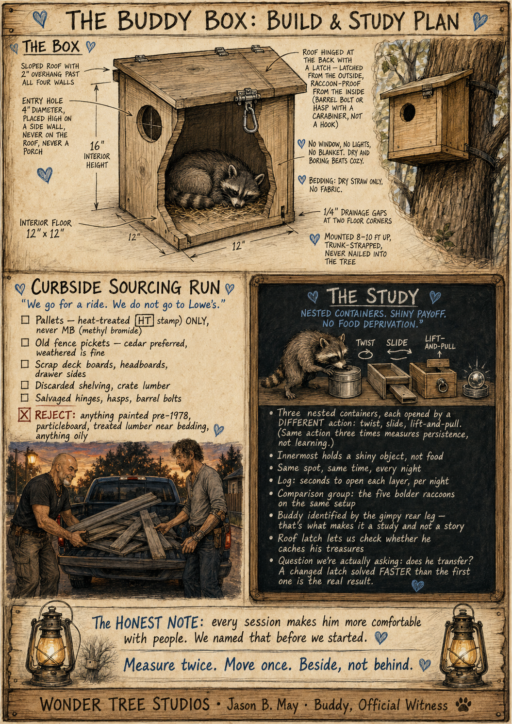 A detailed infographic titled 'The Buddy Box: Build & Study Plan' divided into sections about building a raccoon house, sourcing materials, and studying raccoons. Includes illustrations of a raccoon inside a wooden box, hand-drawn sketches, and a photo of two men handling wood near a truck at sunset.