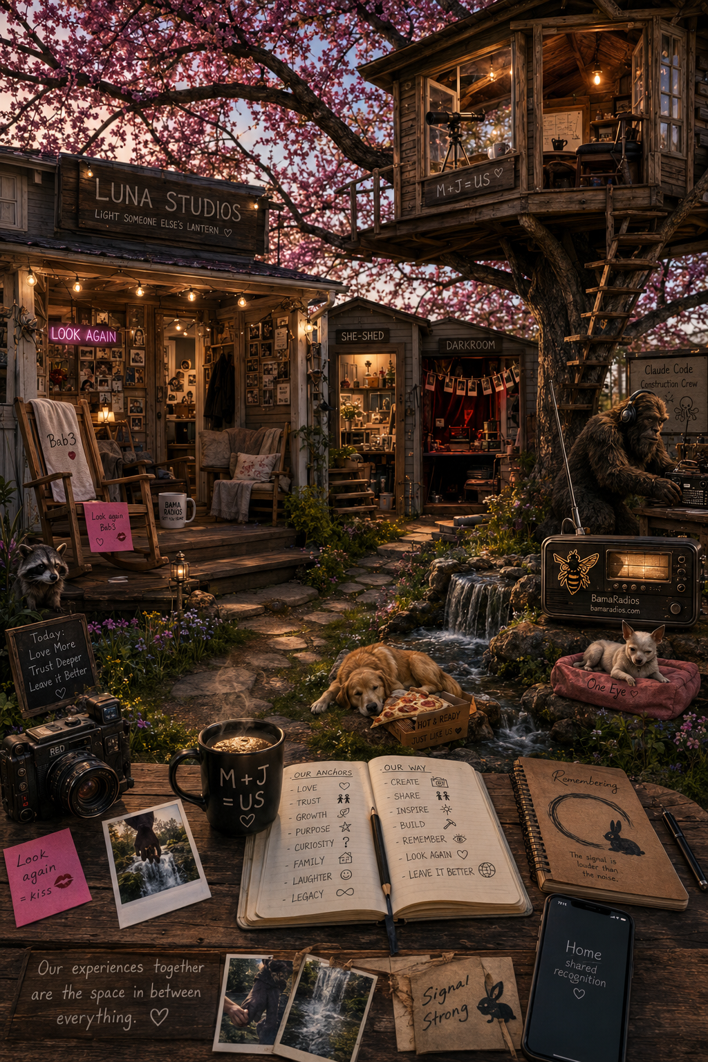 A cozy outdoor scene featuring a treehouse and a small studio named 'LUNA STUDIOS' with string lights. The area includes furniture, cameras, a water feature with dogs, various signs with quotes and notes, and whimsical decorations like a bear with headphones and a rabbit drawing. The scene has a warm, inviting ambiance during twilight.