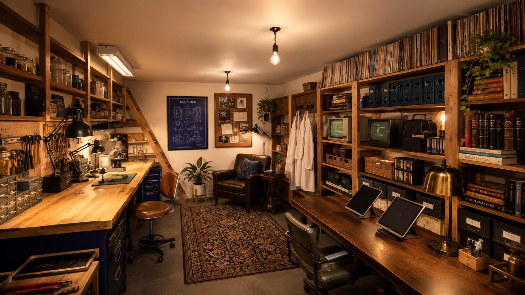 A cozy, well-organized workshop or laboratory with wooden shelves filled with tools, jars, books, and vintage electronics. There is a workbench with lamps, a leather armchair, a small side table, and a patterned rug on the floor. The room has warm lighting and a mix of vintage and modern equipment.