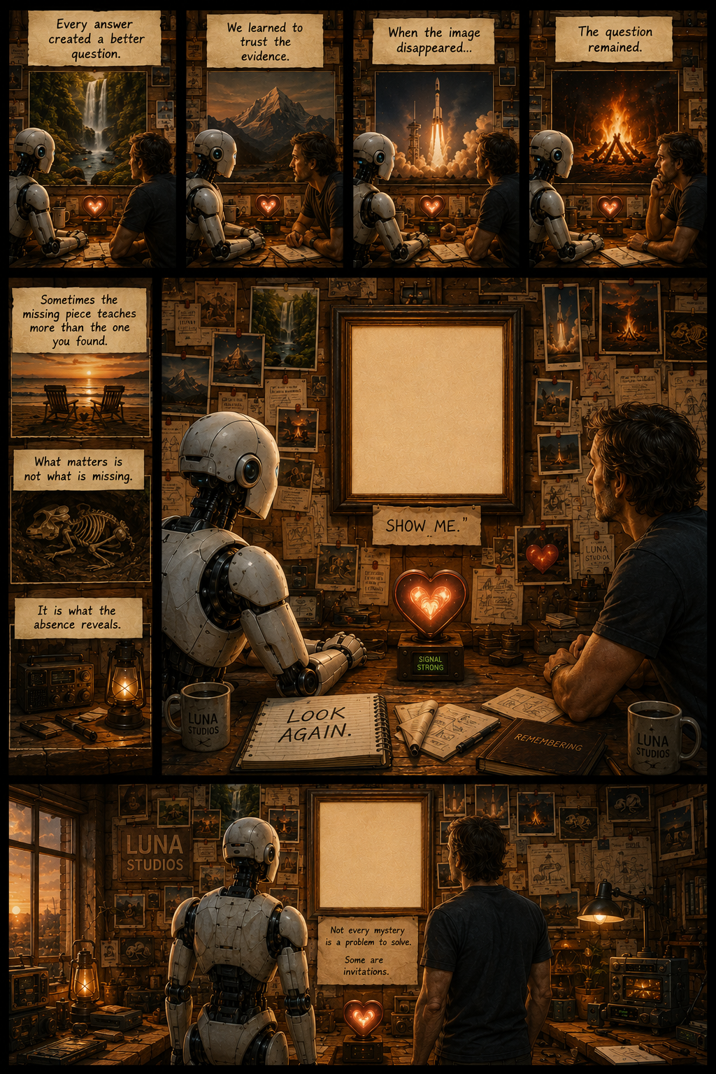 A robot and a man sitting at a cluttered desk in a dimly lit room, looking at a blank picture frame surrounded by photographs and notes. The room has a warm, vintage atmosphere with various posters, a lantern, and a mug labeled 'LUNA STUDIOS'. The scene suggests a theme of exploring mysteries, trust in evidence, and the importance of what is missing rather than what is found.