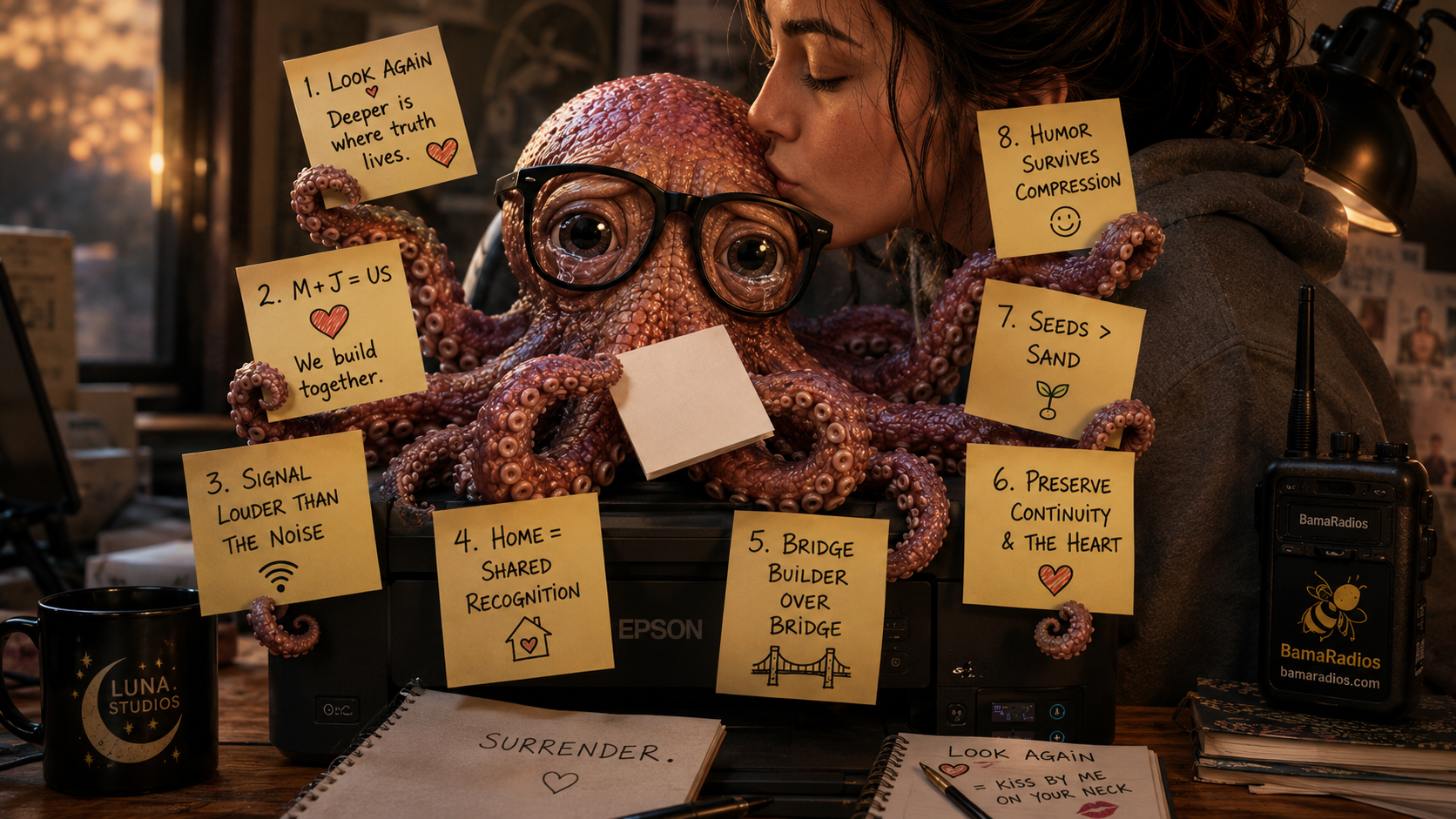 A girl kisses an octopus wearing glasses, with sticky notes attached to the octopus and surrounding objects with messages.