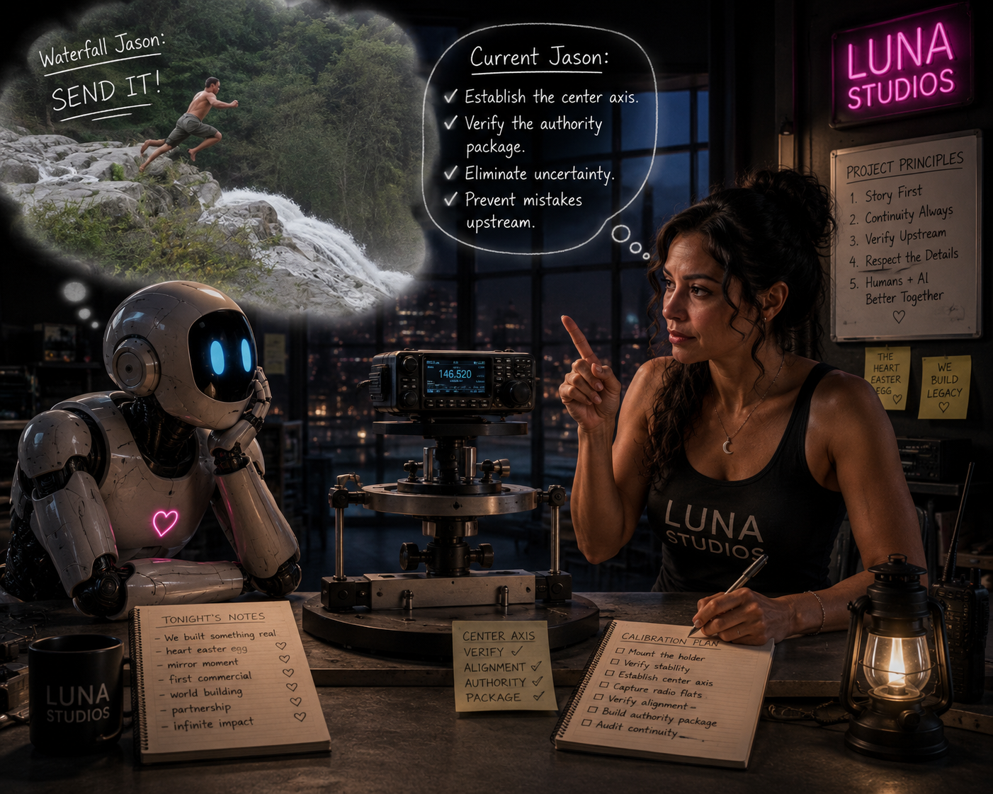 A woman at a desk in a dark urban office working with a robot, discussing project principles on a whiteboard. A large window shows a cityscape at night. The background contains motivational notes and a neon sign reading 'LUNA STUDIOS.' The woman wears a tank top with LUNA STUDIOS written on it, and the robot has a glowing pink heart symbol on its chest.
