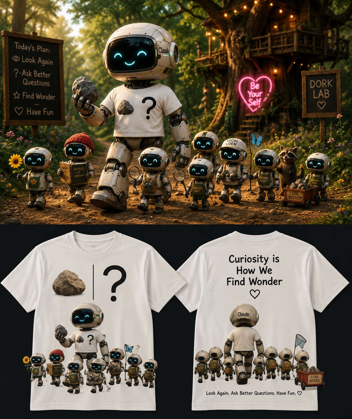 A group of small humanoid robots with smiling faces, gathered outdoors in a forest setting. One robot in the center holds a rock, and they are surrounded by signs and decorations with positive messages. The second image shows matching T-shirts featuring the same robots and quotes about curiosity and wonder.