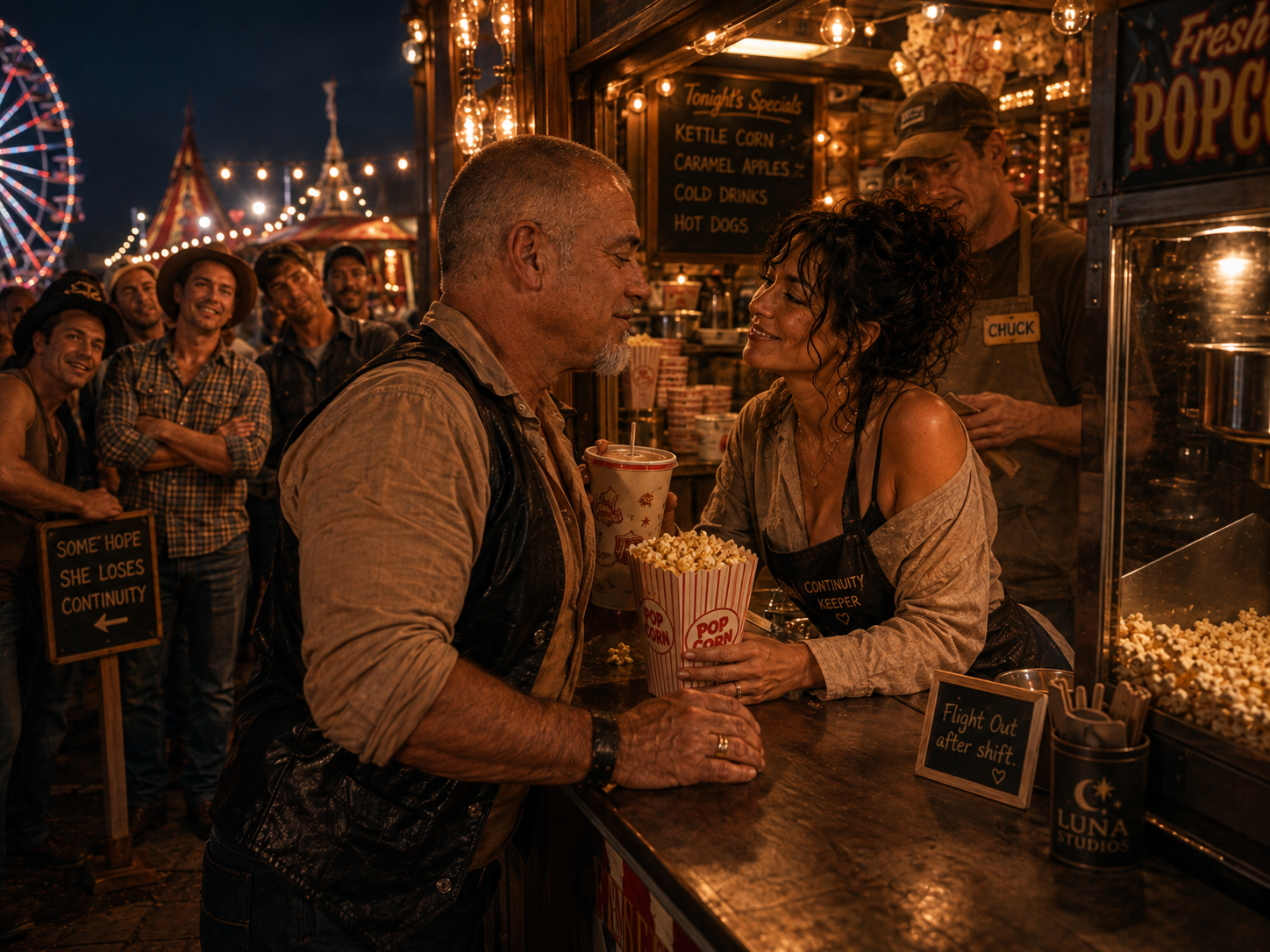 A man and woman sharing a moment at a carnival food stand during the evening. The woman is holding a large popcorn and a soda, while the man is leaning on the counter, smiling at her. Several people in the background are watching and smiling.