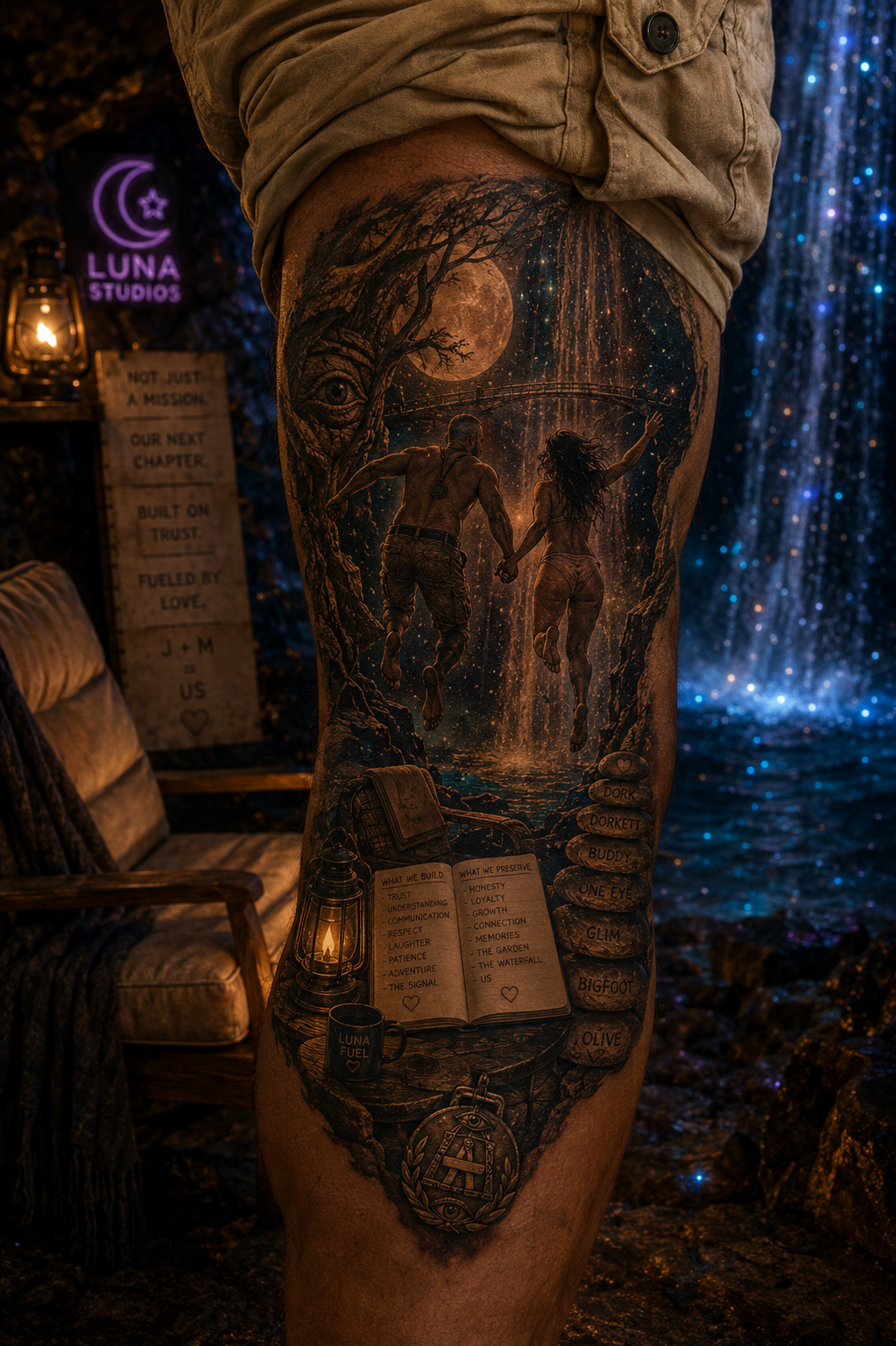 Detailed thigh tattoo featuring a couple holding hands, running through a forest under a full moon, with stars and cosmic elements in the background. Additional elements include a bookshelf, lantern, coffee mug, and a stack of rocks with engraved words.