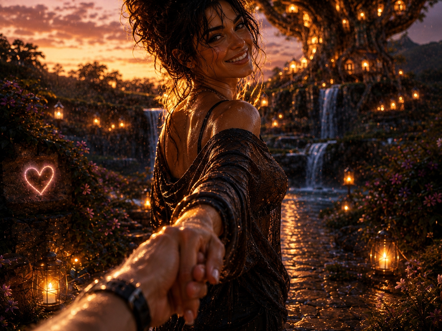 A woman with wet hair smiling and holding hands with the photographer in a magical, sunset-lit garden filled with lanterns, waterfalls, and flowers.