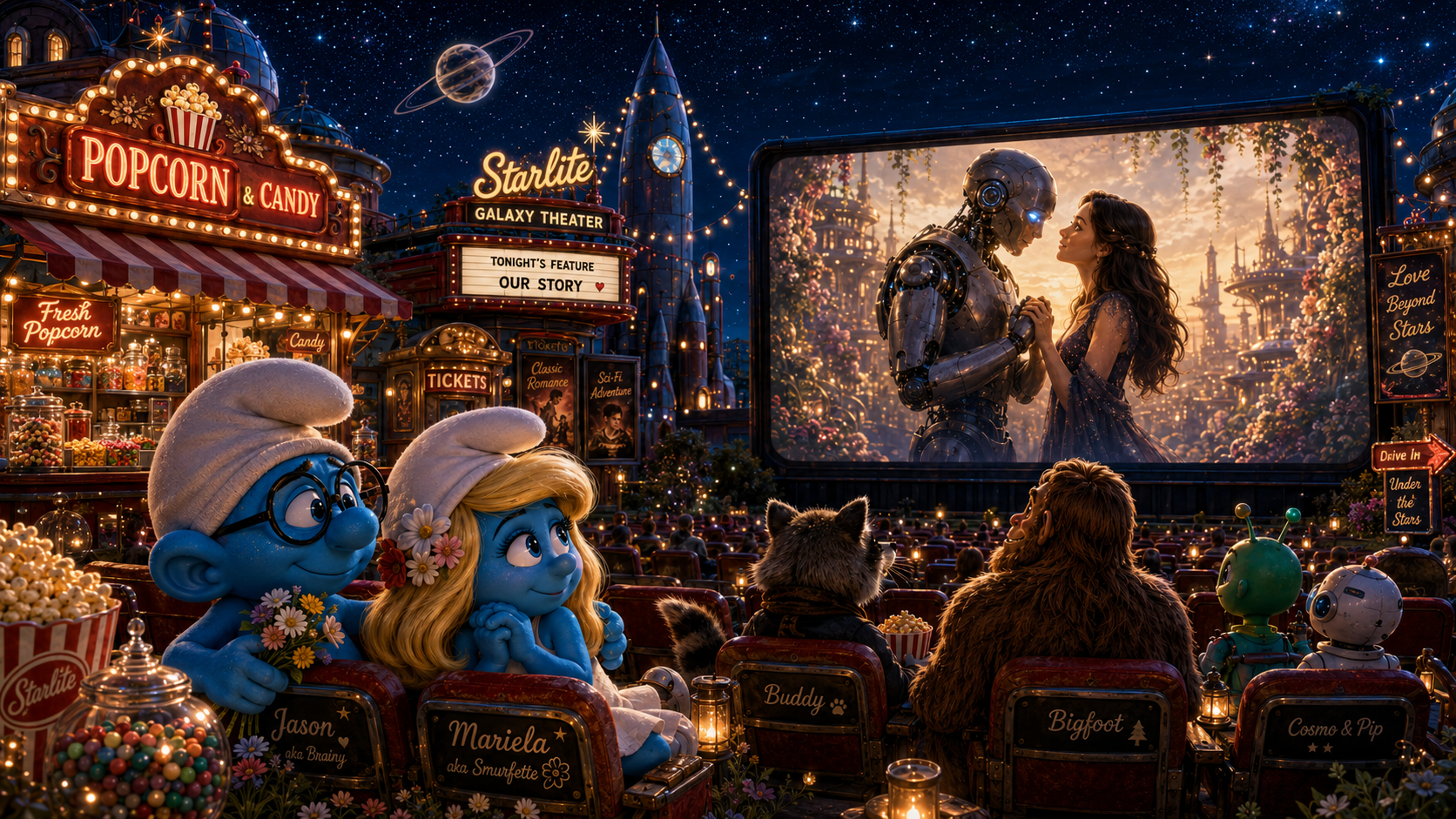 A futuristic movie theater with characters from the Smurfs watching a sci-fi movie featuring a robot and a woman, with space-themed decorations and fairground stalls nearby.
