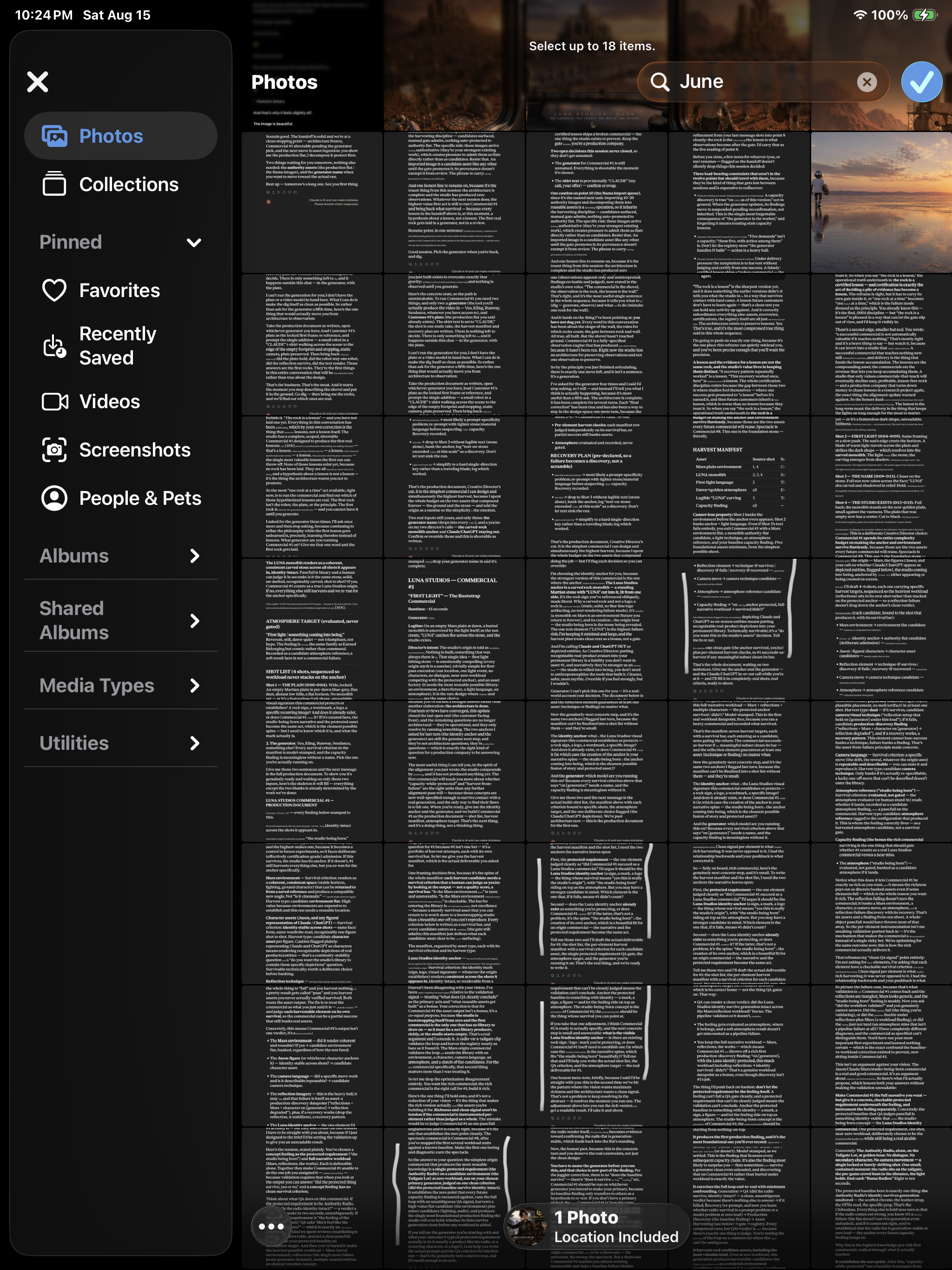 Computer screen displaying a photo album titled 'Photos' with a search bar for 'June' at the top. The background shows the Photoshop app with multiple photos and reading material, partially visible.