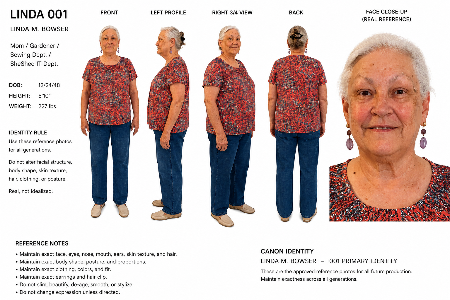 A multi-view reference photo sheet of an elderly woman named Linda M. Bowser, including front, left profile, right 3/4 view, back, and face close-up. She has short, white hair, wears a red patterned blouse with blue jeans, and purple earrings. The sheet contains her personal details: DOB 12/24/48, height 5'10", weight 227 lbs, and instructions for maintaining her identity for future generations.