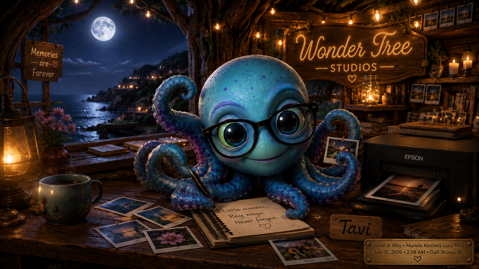 A cartoon octopus wearing glasses sitting at a desk with a notebook, photographs, a coffee mug, and an Epson printer. The scene is cozy with string lights, candles, and a sign reading 'Wonder Tree Studios.' Outside the window, there is a full moon and a nighttime coastal landscape with houses on a hillside.