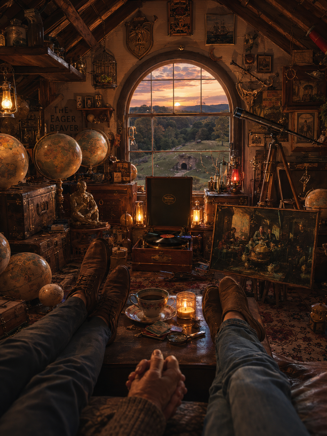View from a cozy attic room with two people relaxing, handheld, with a sunset visible through a large arched window. The room is filled with vintage globes, old trunks, a record player, paintings, and eclectic decorations, creating a nostalgic atmosphere.