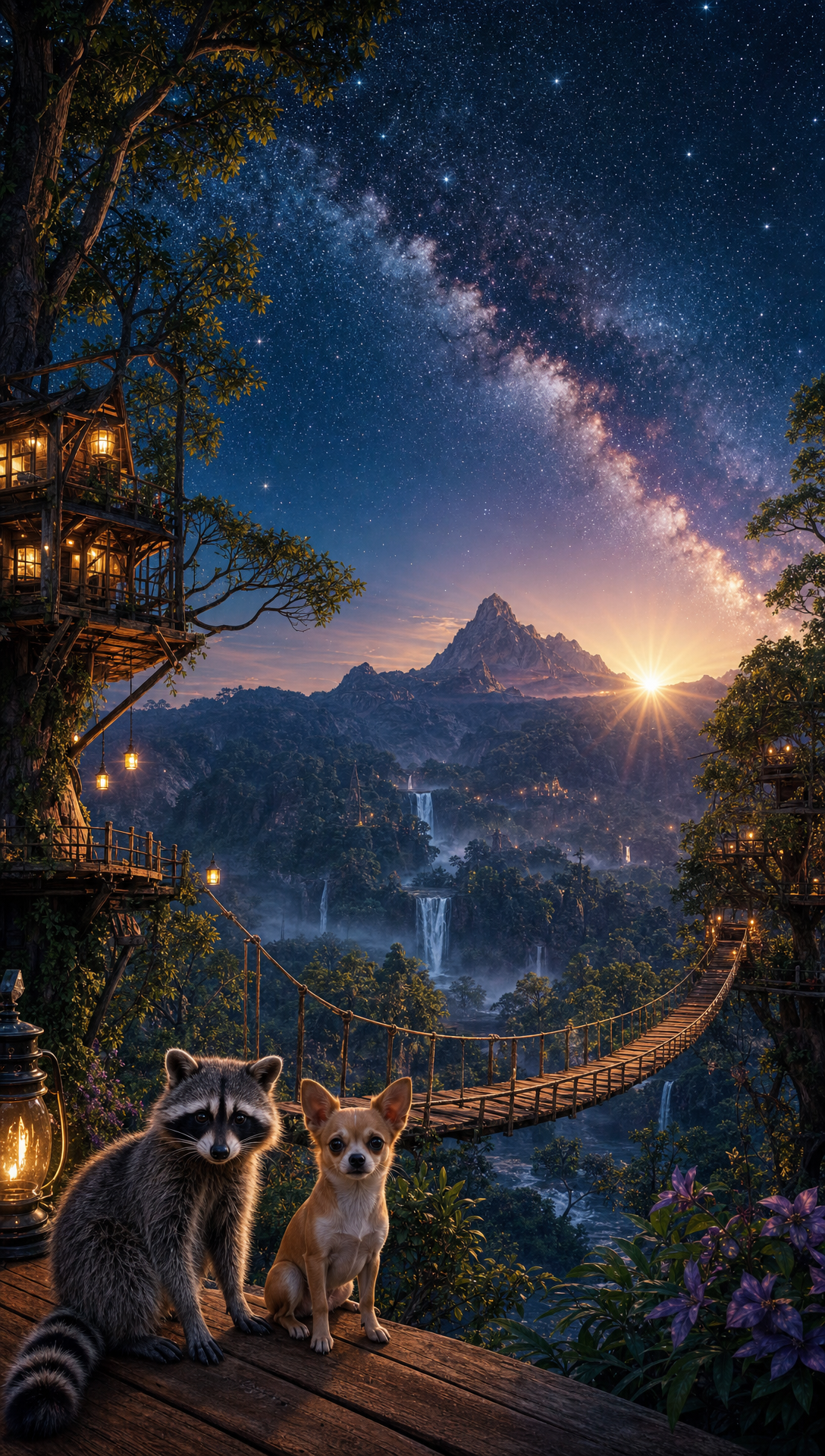 A night scene with a starry sky and the Milky Way galaxy, a mountain and waterfall in the distance, a wooden suspension bridge, treehouse structures with lanterns, and two dogs in the foreground.