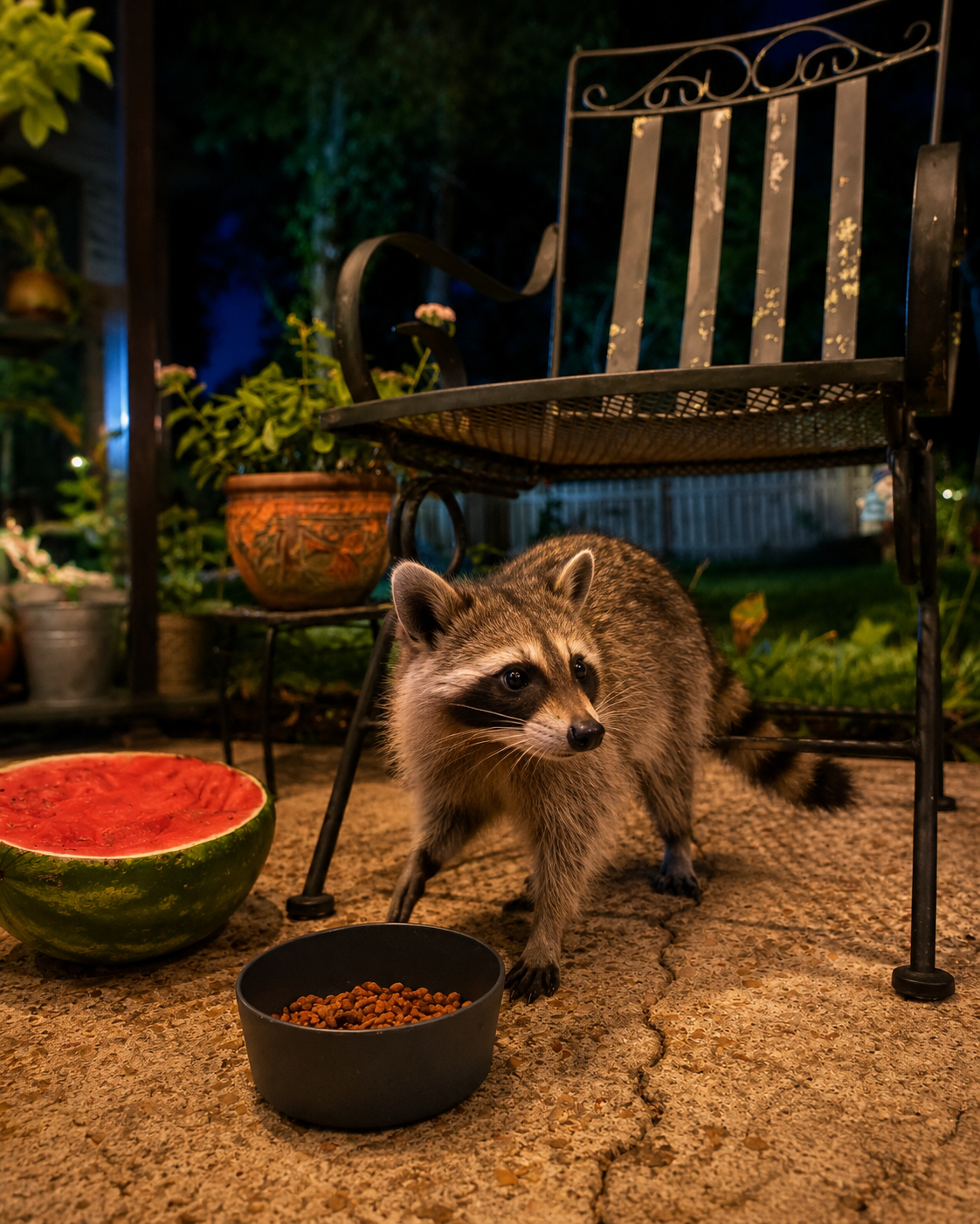 A raccoon standing on a concrete patio next to a bowl of dry cat food, with a large wedge of watermelon and lush garden plants in the background, illuminated by outdoor lighting at night.
