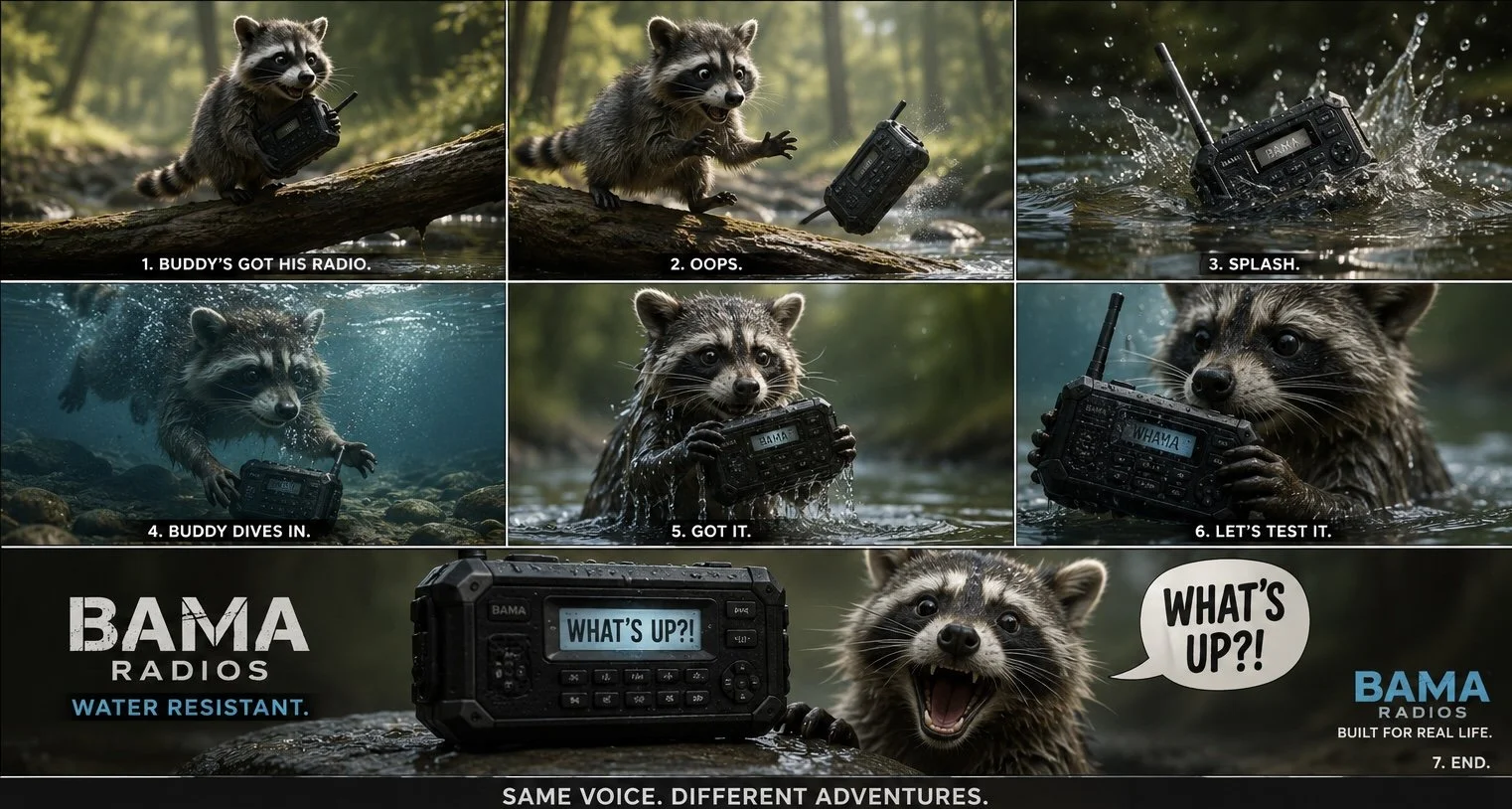 A sequence of images showing a raccoon using a waterproof BAMA Radio in various outdoor water settings, culminating in a happy raccoon with a speech bubble saying "WHAT'S UP?!" and a tagline promoting the radio's durability and suitability for adventure.