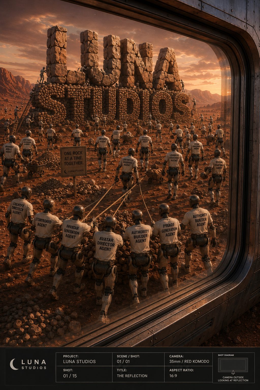 A group of robots working together to build a large sign that reads 'LUNA STUDIOS' on a rocky desert landscape at sunset. The scene is viewed through a futuristic window frame.