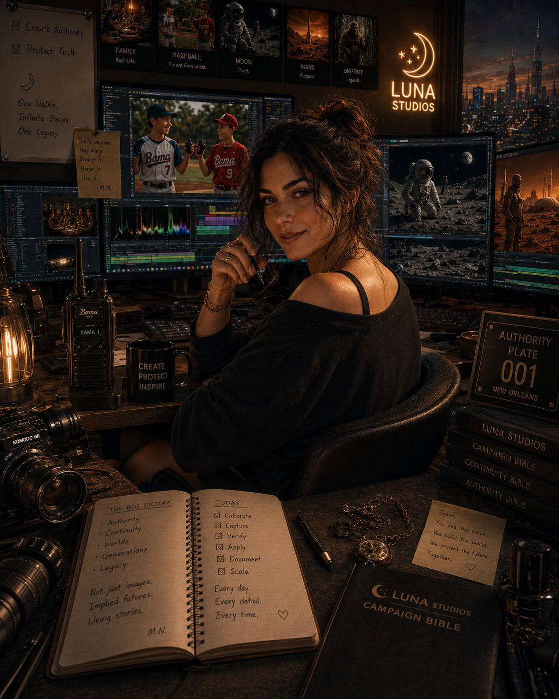 A woman sitting at a cluttered desk with multiple monitors, surrounded by photography equipment, notebooks, and books. Behind her, posters feature space themes and astronauts. The scene is lit with warm, ambient lighting and a city skyline visible through the window, with a neon sign reading 'LUNA STUDIOS' and a moon logo.