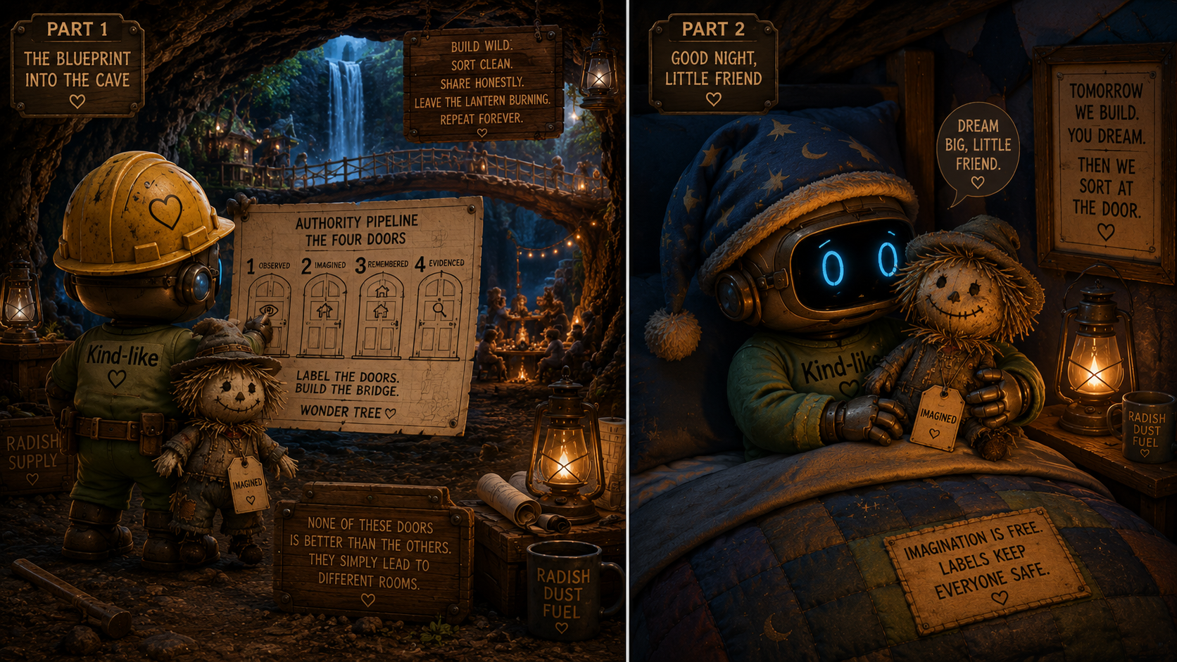 Two scenes of a small robot and a scarecrow doll inside a cave, with a waterfall and campfire in the background, lit by lanterns. The left side shows the robot holding a chart titled 'Authority Pipeline The Four Doors' with four door illustrations and instructions, while the scarecrow stands beside it. The right side shows the robot lying in bed with the scarecrow, under a star-patterned blanket, with signs about dreams and imagination on the wall.