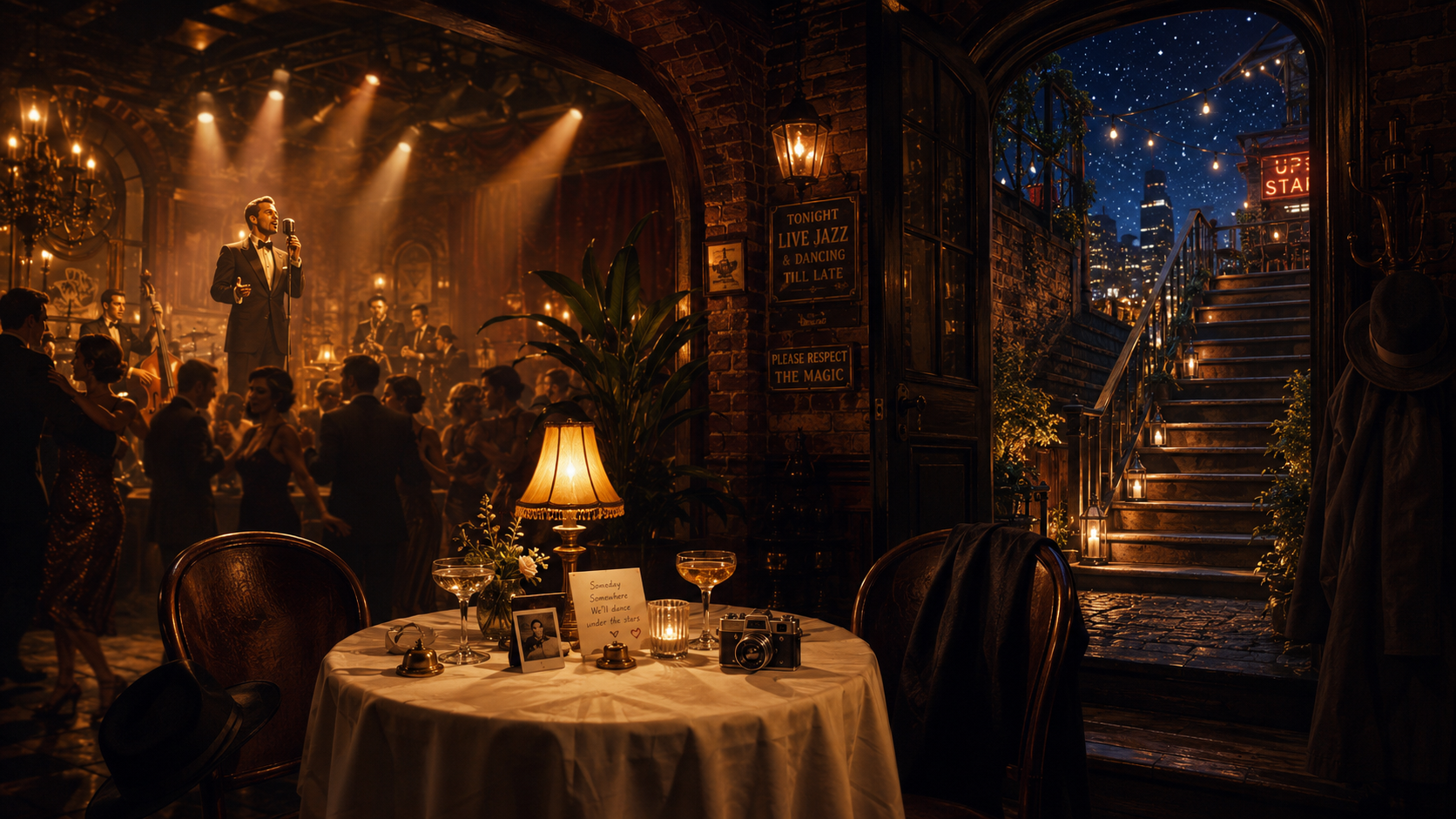 A cozy, dimly lit indoor lounge with a view of an outdoor staircase leading to a rooftop under a starry night sky. Inside, a table with drinks, a camera, and a framed photo is in the foreground. The background features a lively dance floor with couples dancing and a live jazz band performing on stage. Warm lighting and vintage decor create a romantic atmosphere.