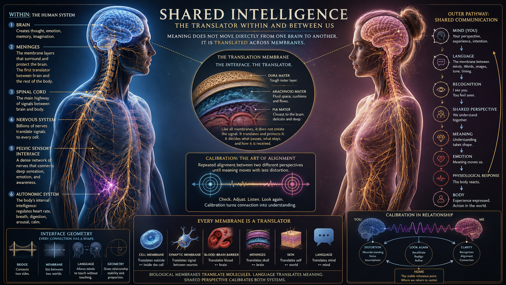 Diagram illustrating shared intelligence between the human brain and a woman's brain, showing internal structures, membranes, and the concept of translation through membranes acting as translators. Features the pathway of shared communication, calibration processes for alignment, and different types of cellular and membrane components that function as translators, including cell membrane, synaptic membrane, blood-brain barrier, meninges, skin, and language. Also depicts the relationship calibration process between two perspectives, with labels for the bridge, membrane, language, and geometry, emphasizing how membranes translate molecules and meanings.
