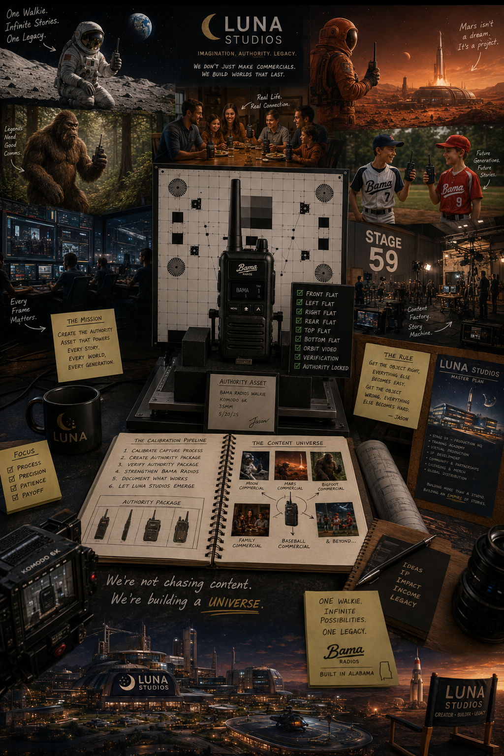 A space-themed office scene with astronauts, spacecraft, and people using walkie-talkies, emphasizing space exploration and storytelling for Luna Studios.