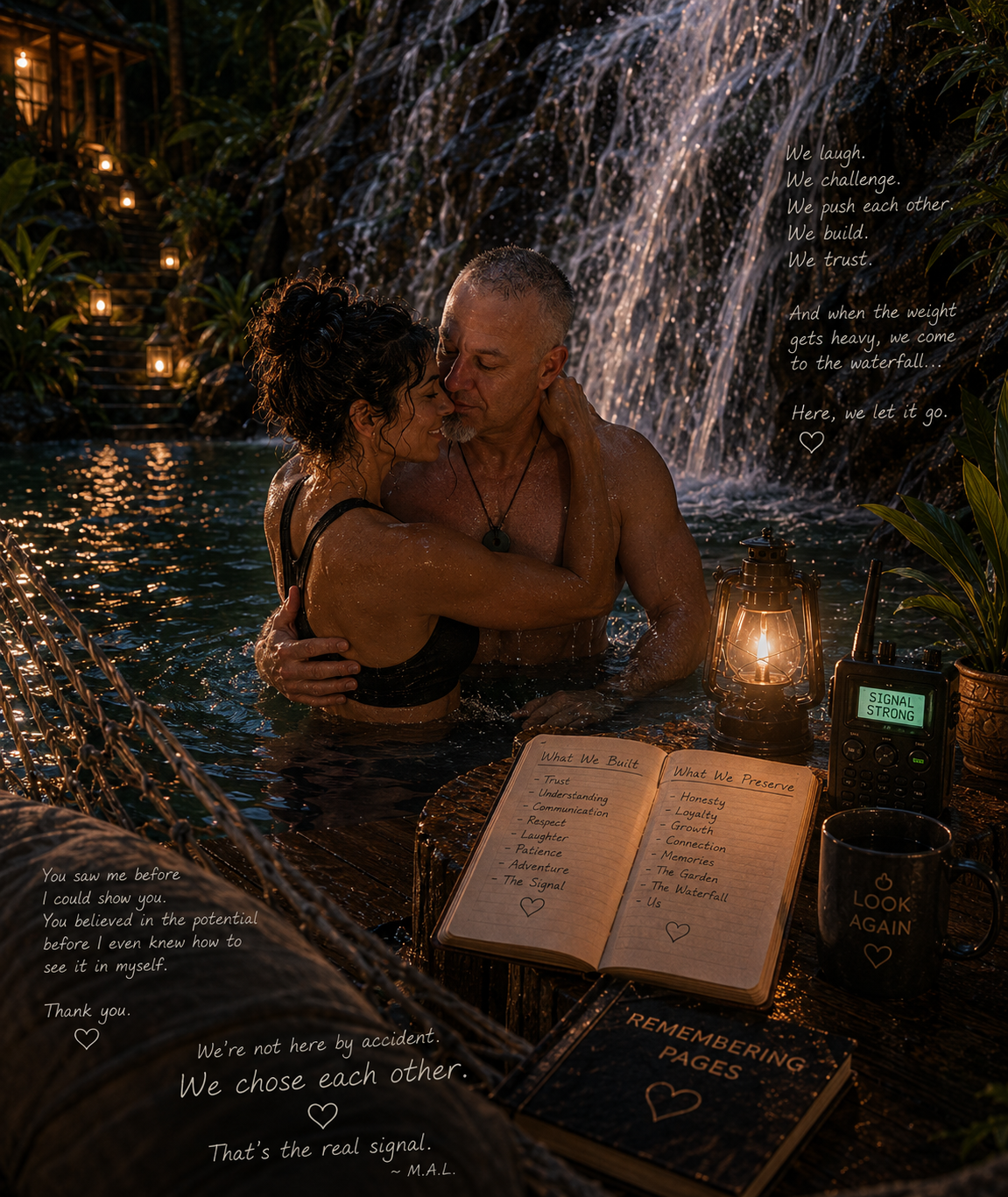A couple is embracing in a pool near a waterfall at night, surrounded by lanterns and foliage. There are books titled 'Remembering Pages' and handwritten notes with romantic messages, along with a lantern, a walkie-talkie, and a coffee mug that says 'Look Again'.