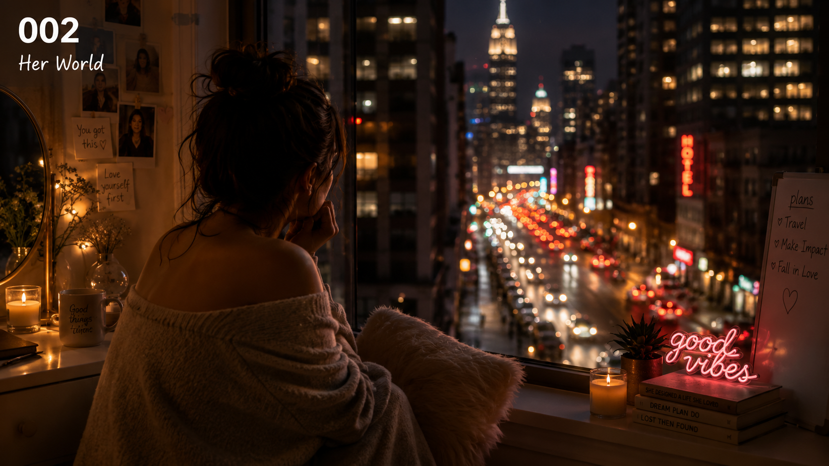 A woman sits by a window at night, looking out at a city street with blurred car lights. The window sill has candles, a small plant, a neon sign saying 'good vibes,' and books, with a whiteboard displaying plans.